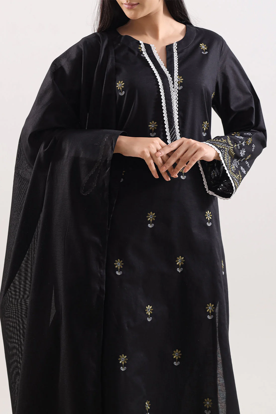 Solid Embroidered Cotton Stitched 3 Piece - Image 2