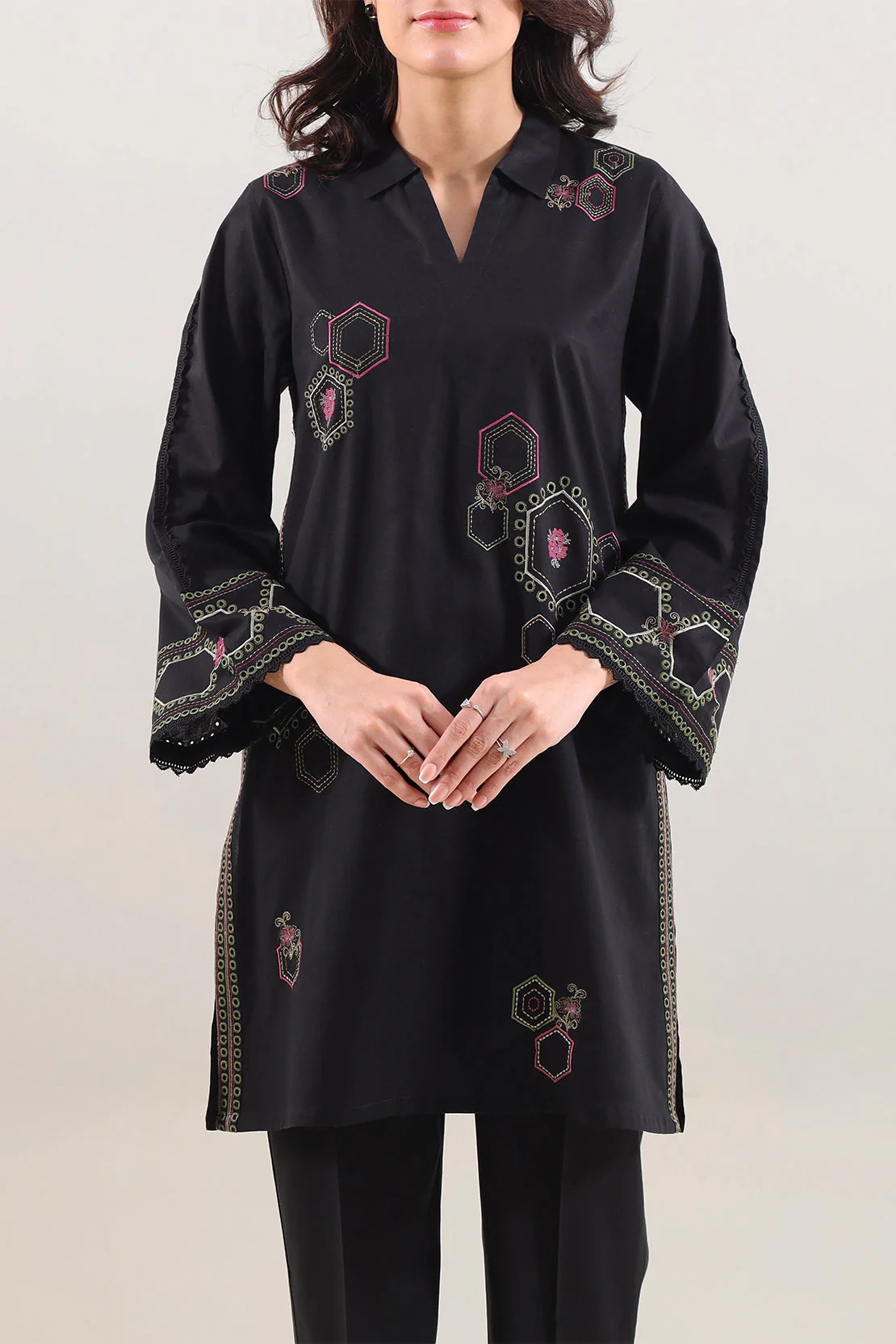 Solid Embroidered Cotton Stitched Shirt - Image 2
