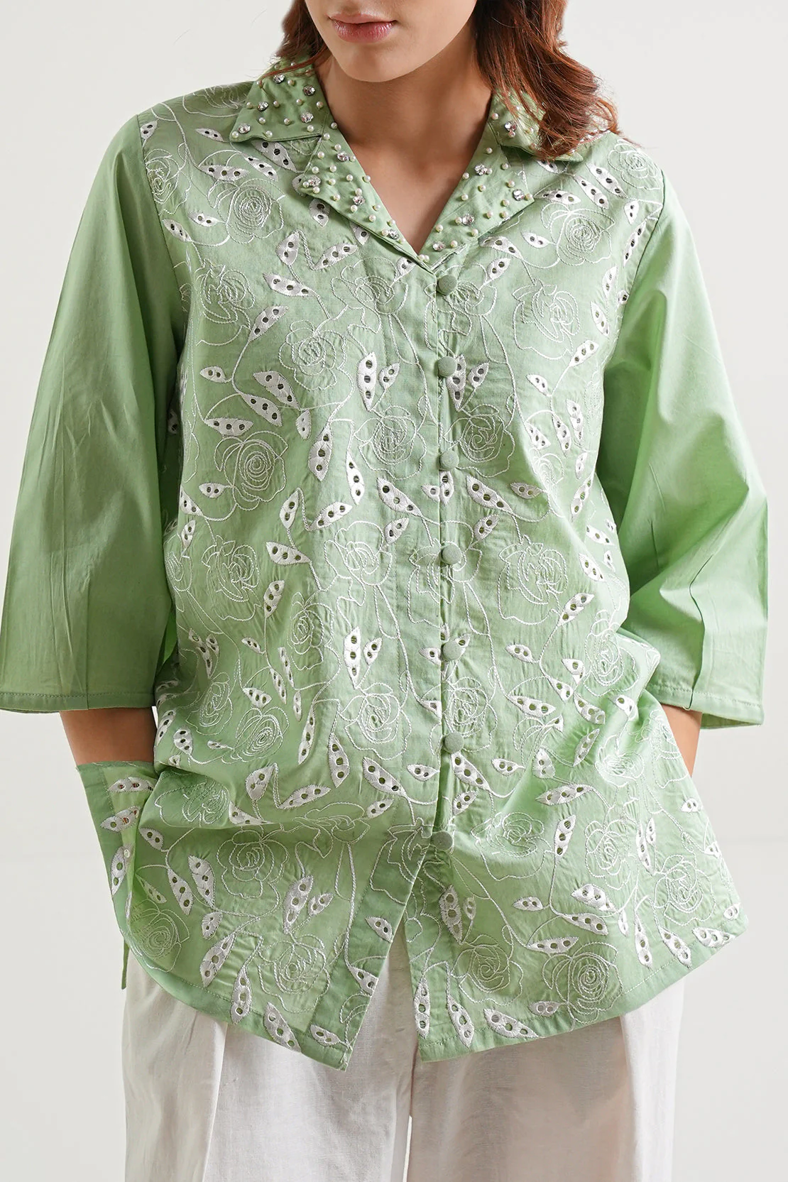 Solid Embroidered Cotton Stitched Shirt - Image 2