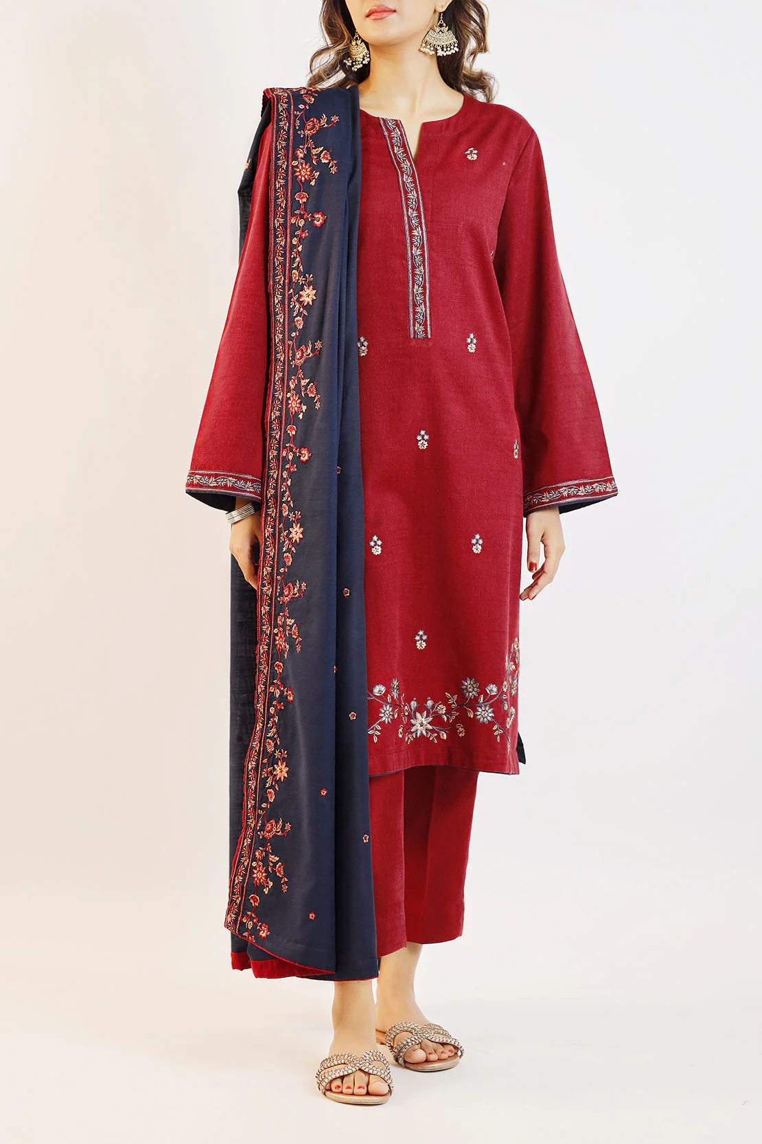 Solid Embroidered Cotton Viscose Stitched 2 Piece (Shirt/Trouser)