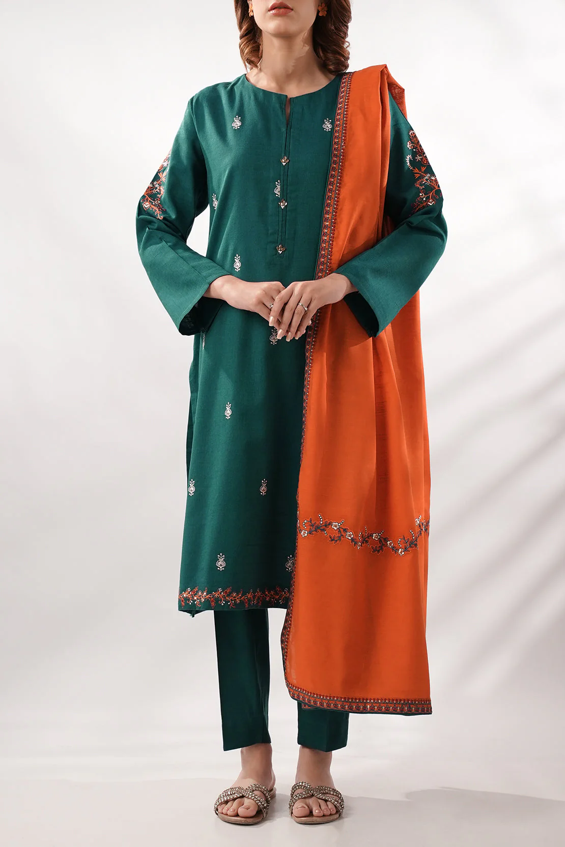 Solid Embroidered Cotton Viscose Stitched 2 Piece (Shirt/Trouser) - Image 3