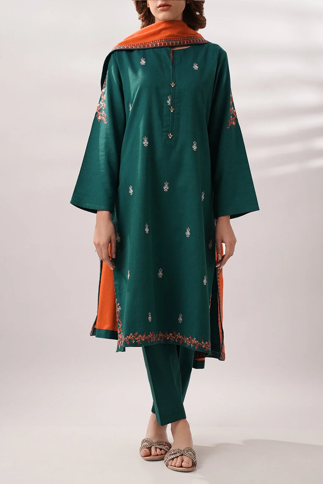 Solid Embroidered Cotton Viscose Stitched 2 Piece (Shirt/Trouser) - Image 4