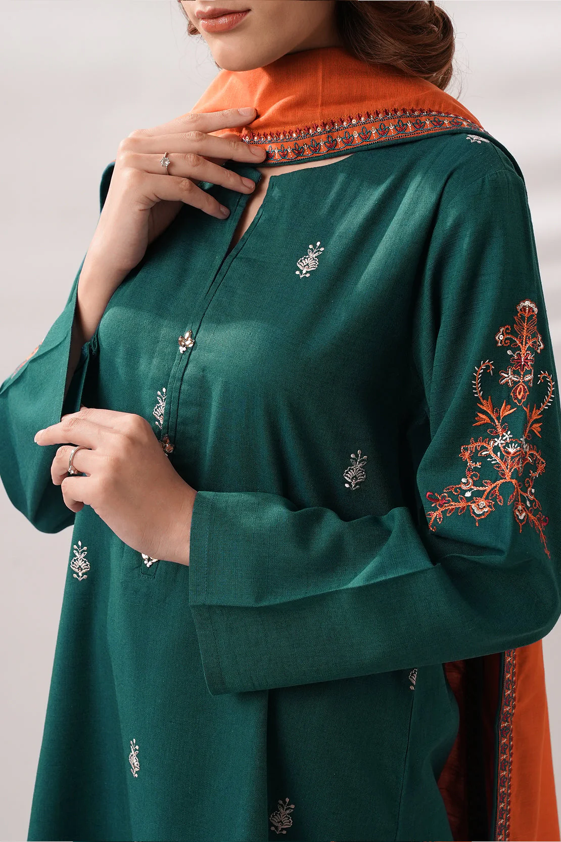 Solid Embroidered Cotton Viscose Stitched 2 Piece (Shirt/Trouser) - Image 7