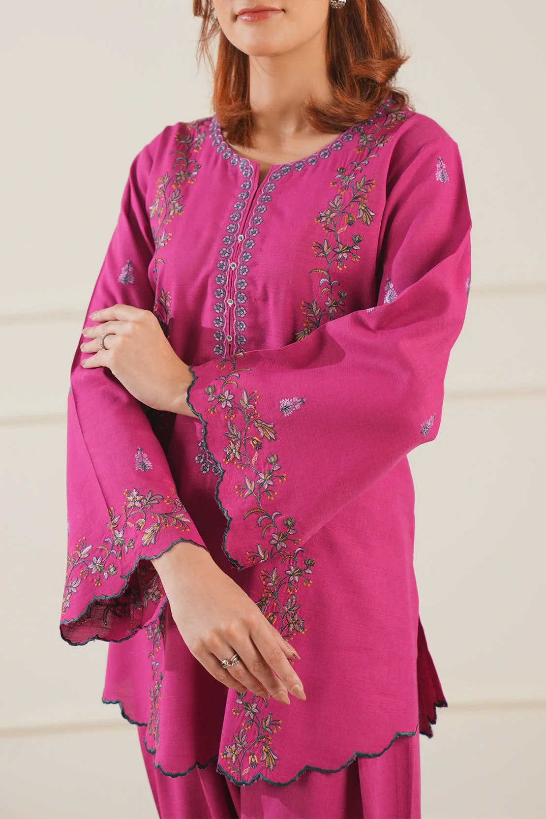 Solid Embroidered Cotton Viscose Stitched 2 Piece (Shirt/Trouser)