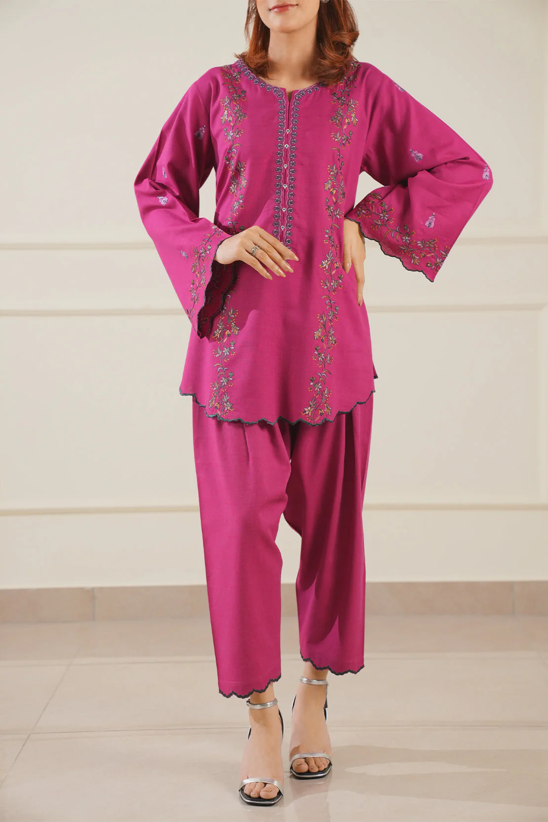 Solid Embroidered Cotton Viscose Stitched 2 Piece (Shirt/Trouser) - Image 2