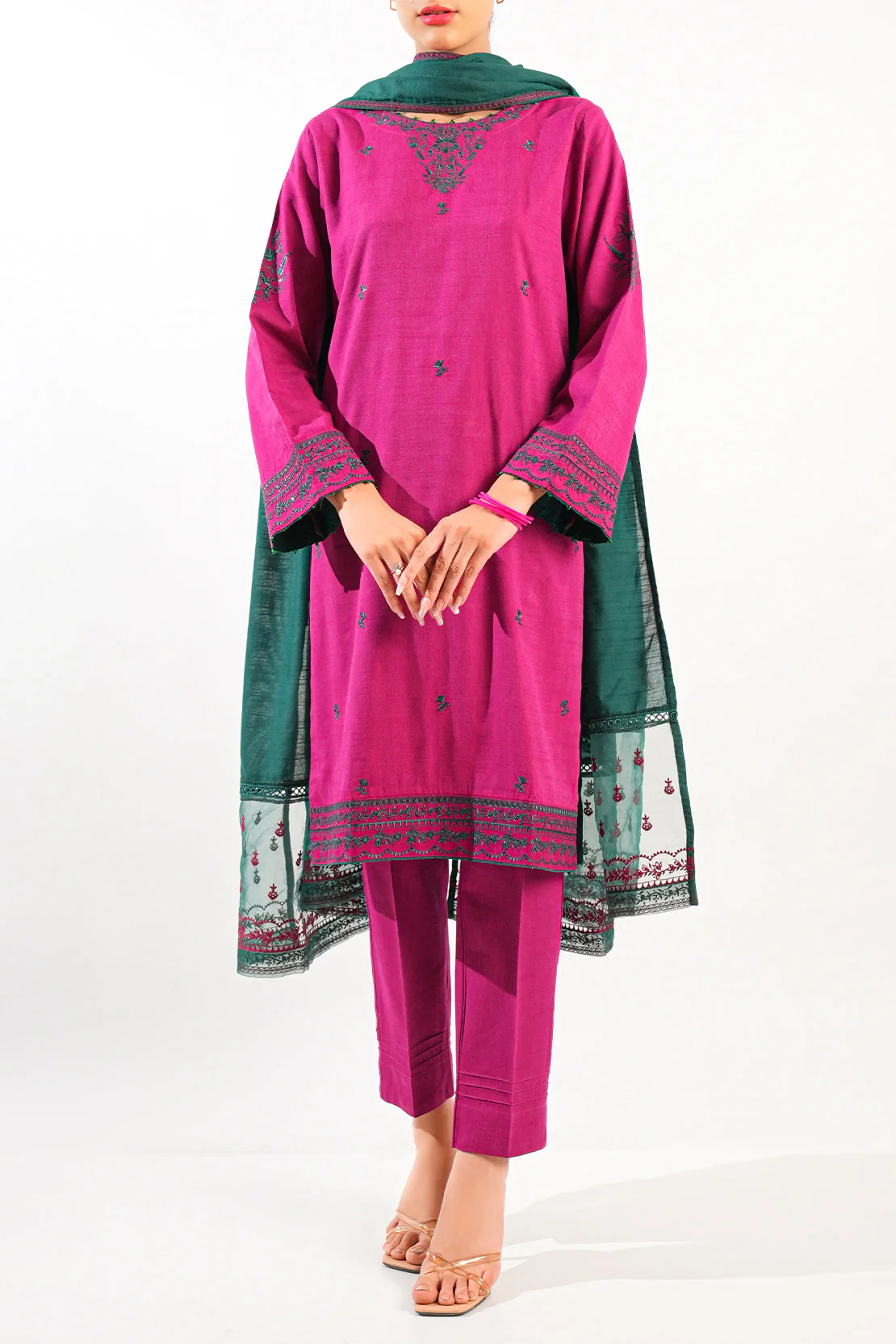 Solid Embroidered Cotton Viscose Stitched 2 Piece (Shirt/Trouser)