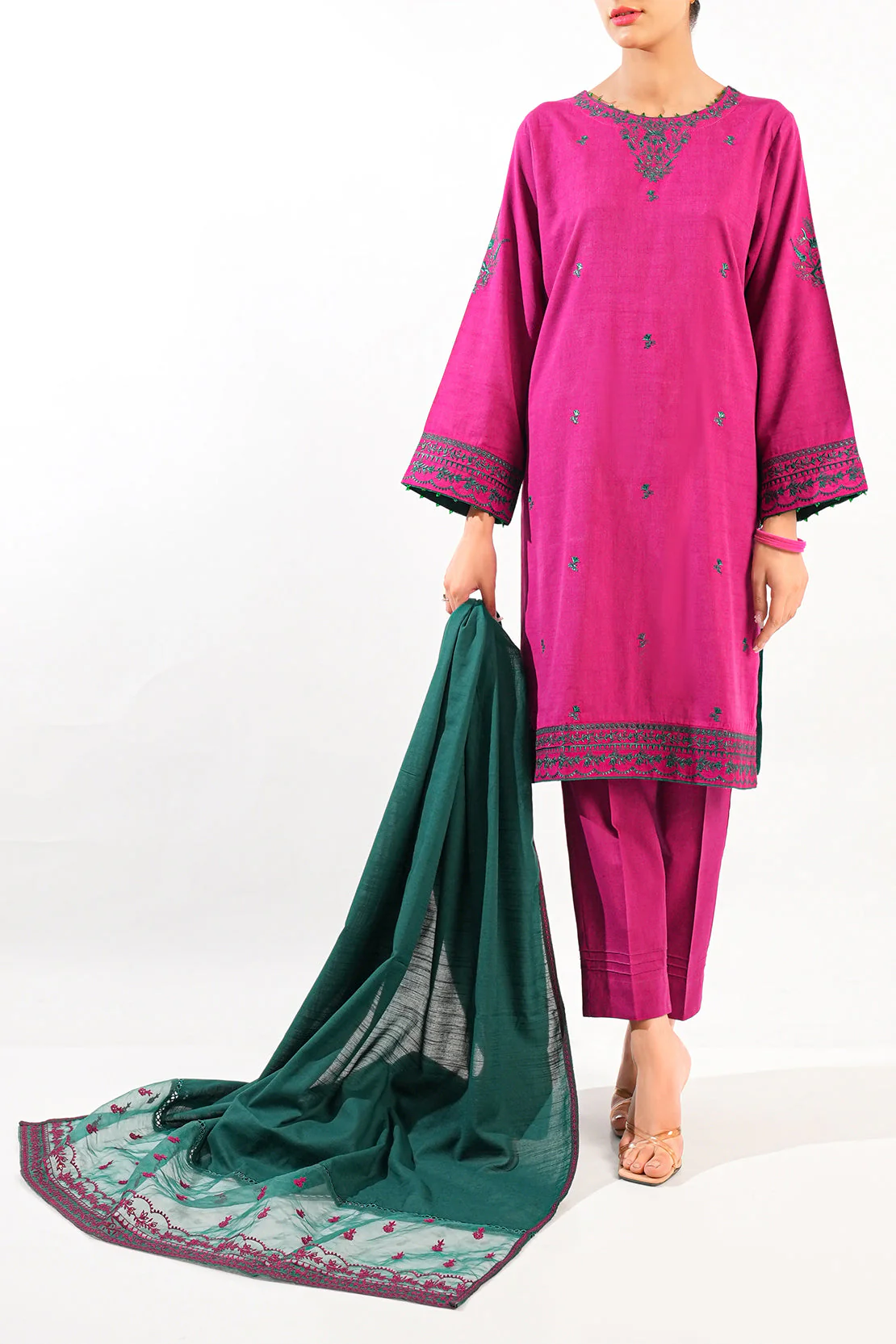 Solid Embroidered Cotton Viscose Stitched 2 Piece (Shirt/Trouser) - Image 2