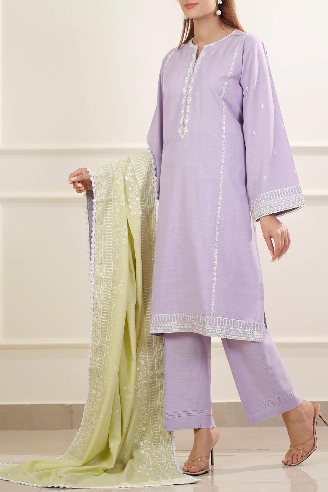 Solid Embroidered Cotton Viscose Stitched 3 Piece - Image 4