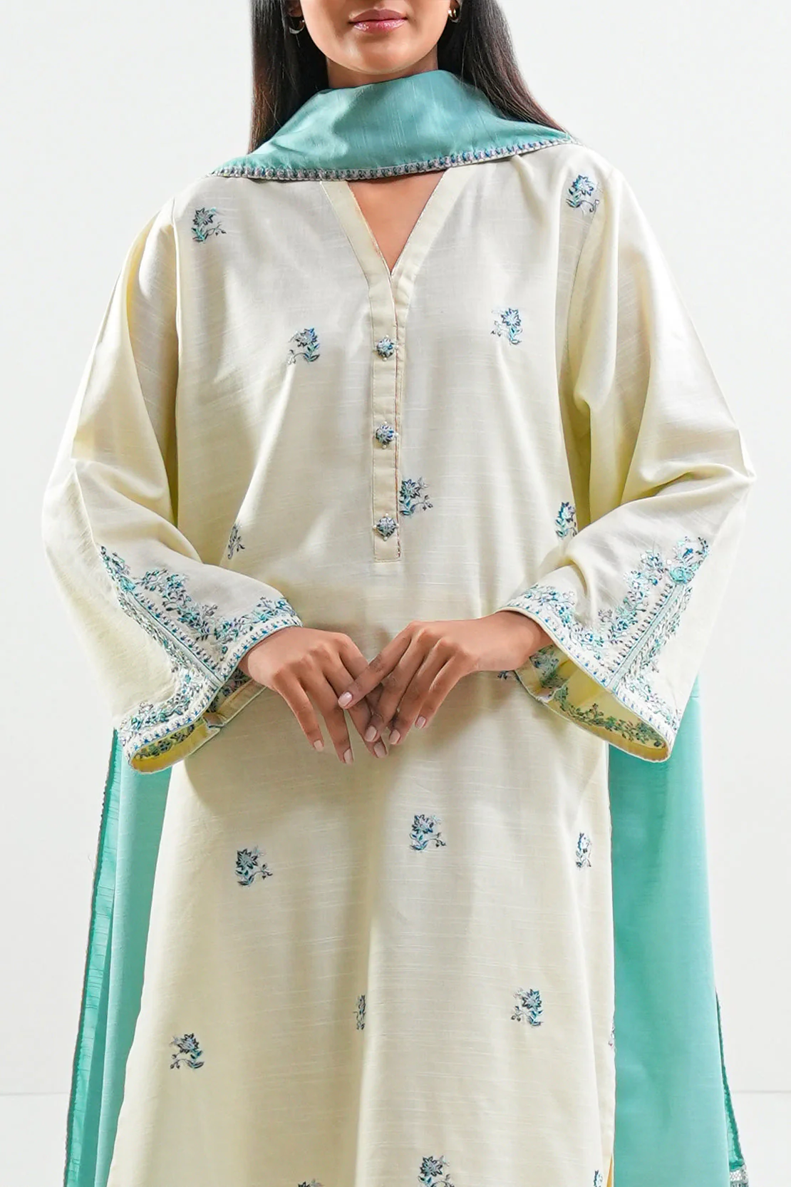Solid Embroidered Cotton Viscose Stitched 3 Piece