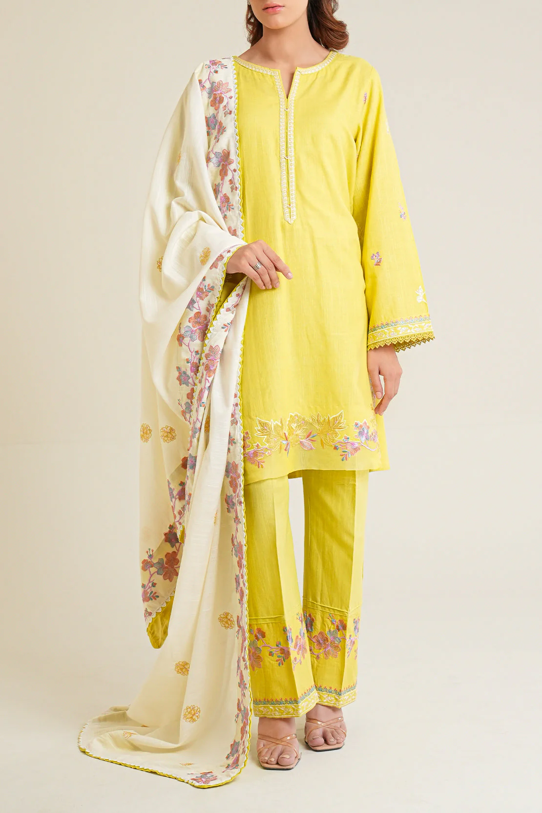 Solid Embroidered Cotton Viscose Stitched 3 Piece