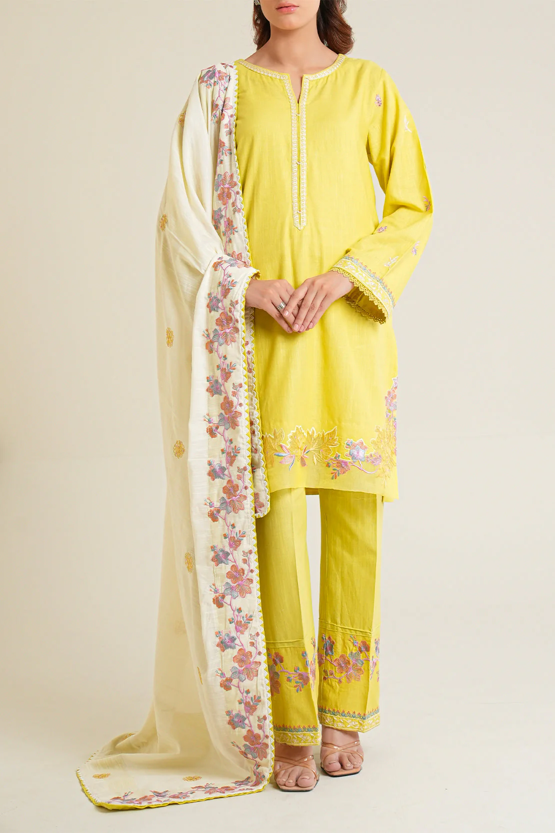 Solid Embroidered Cotton Viscose Stitched 3 Piece - Image 2