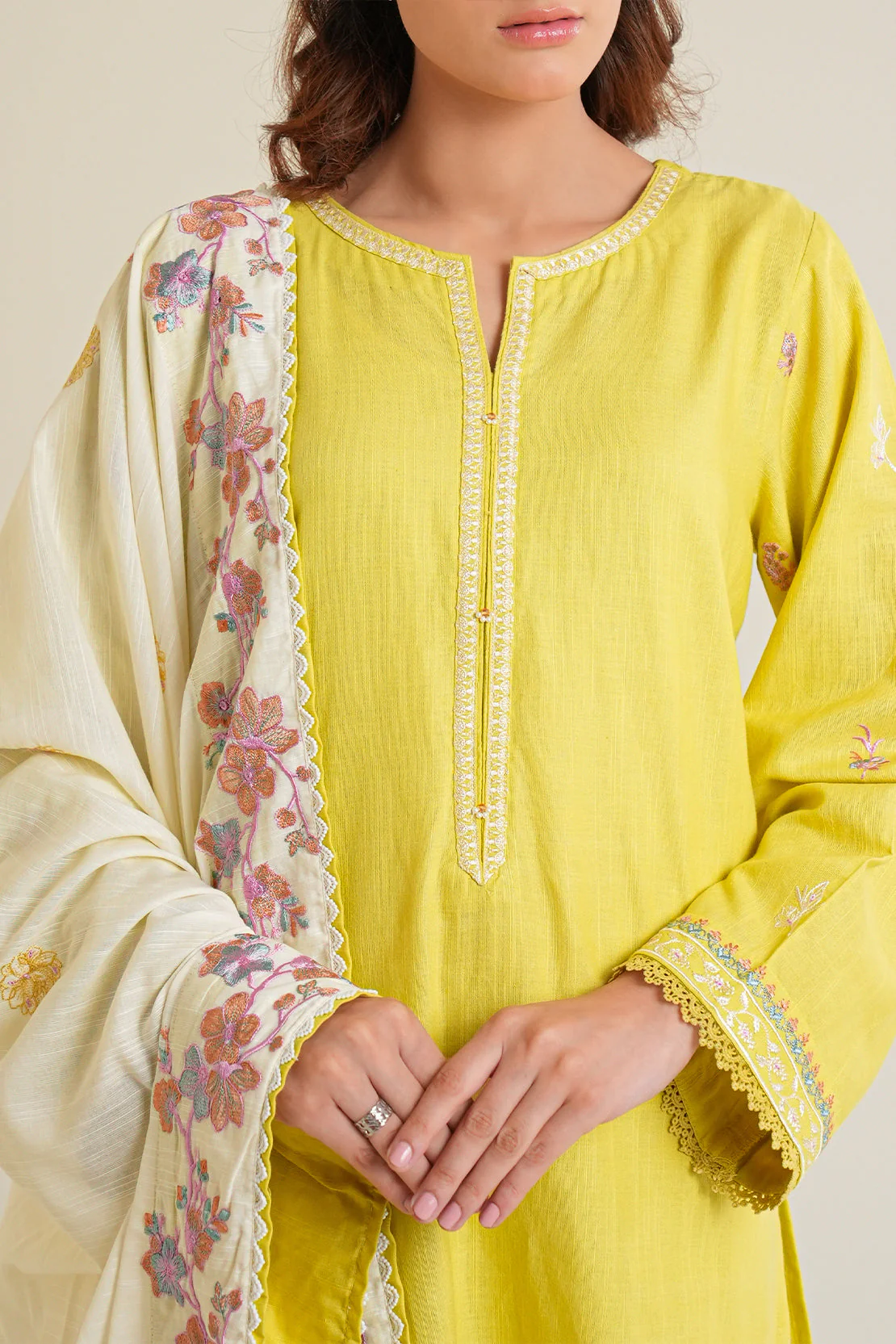 Solid Embroidered Cotton Viscose Stitched 3 Piece - Image 4