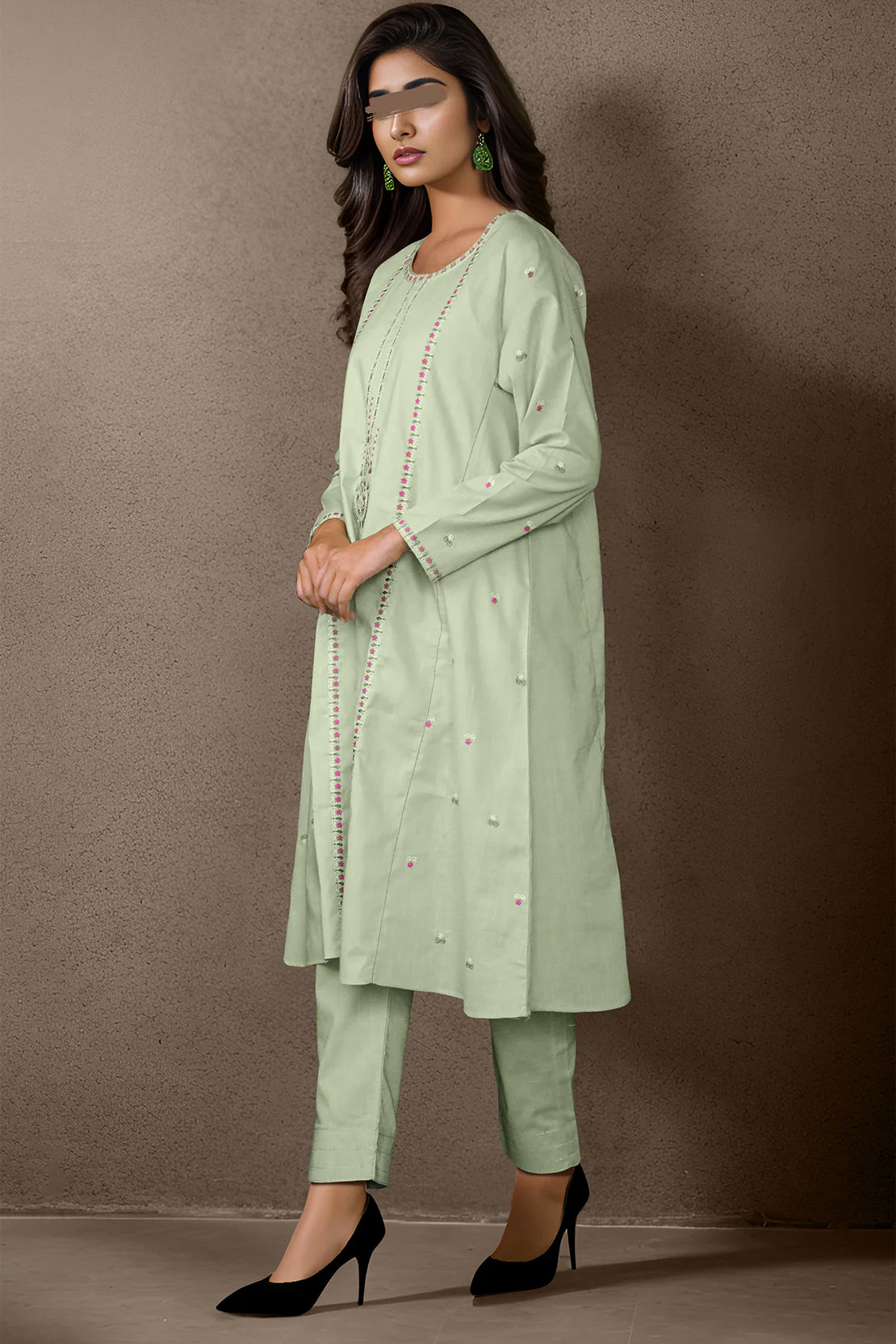 Solid Embroidered Cross Hatch Stitched 2 Piece (Shirt/Trouser) - Image 3