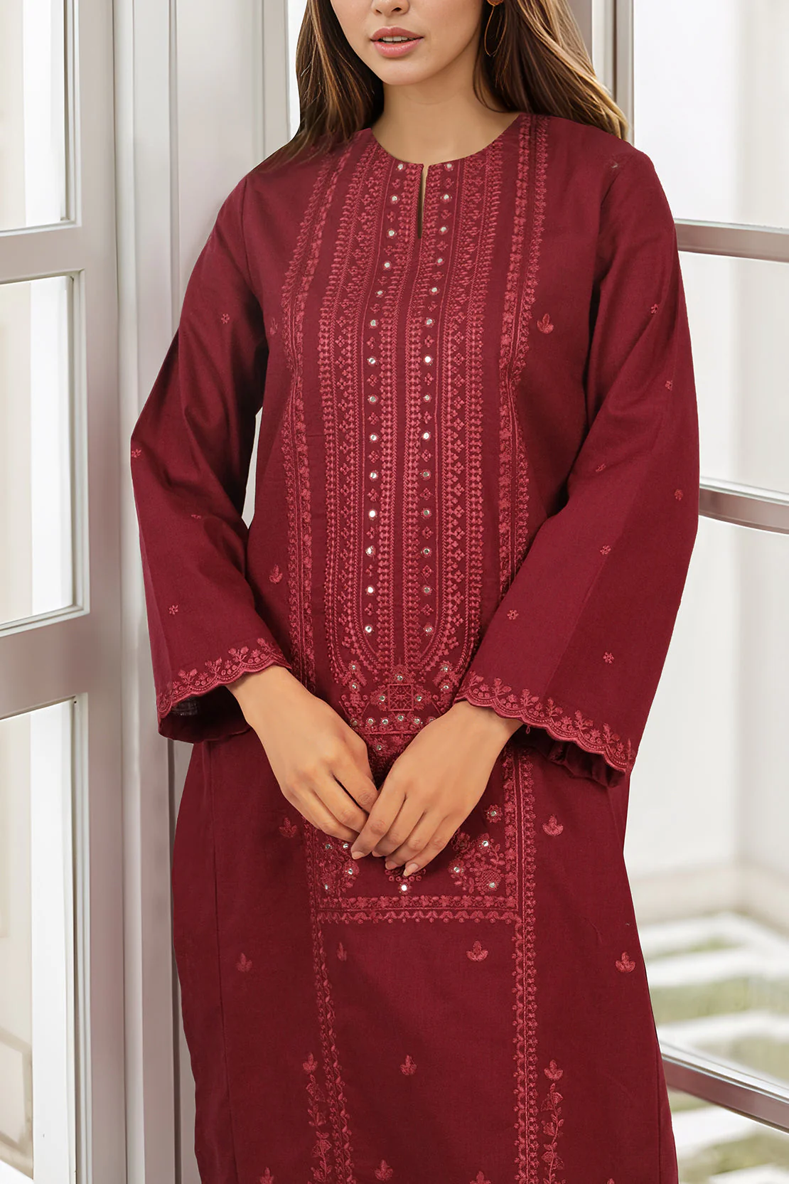 Solid Embroidered Cross Hatch Stitched 2 Piece (Shirt/Trouser) - Image 3