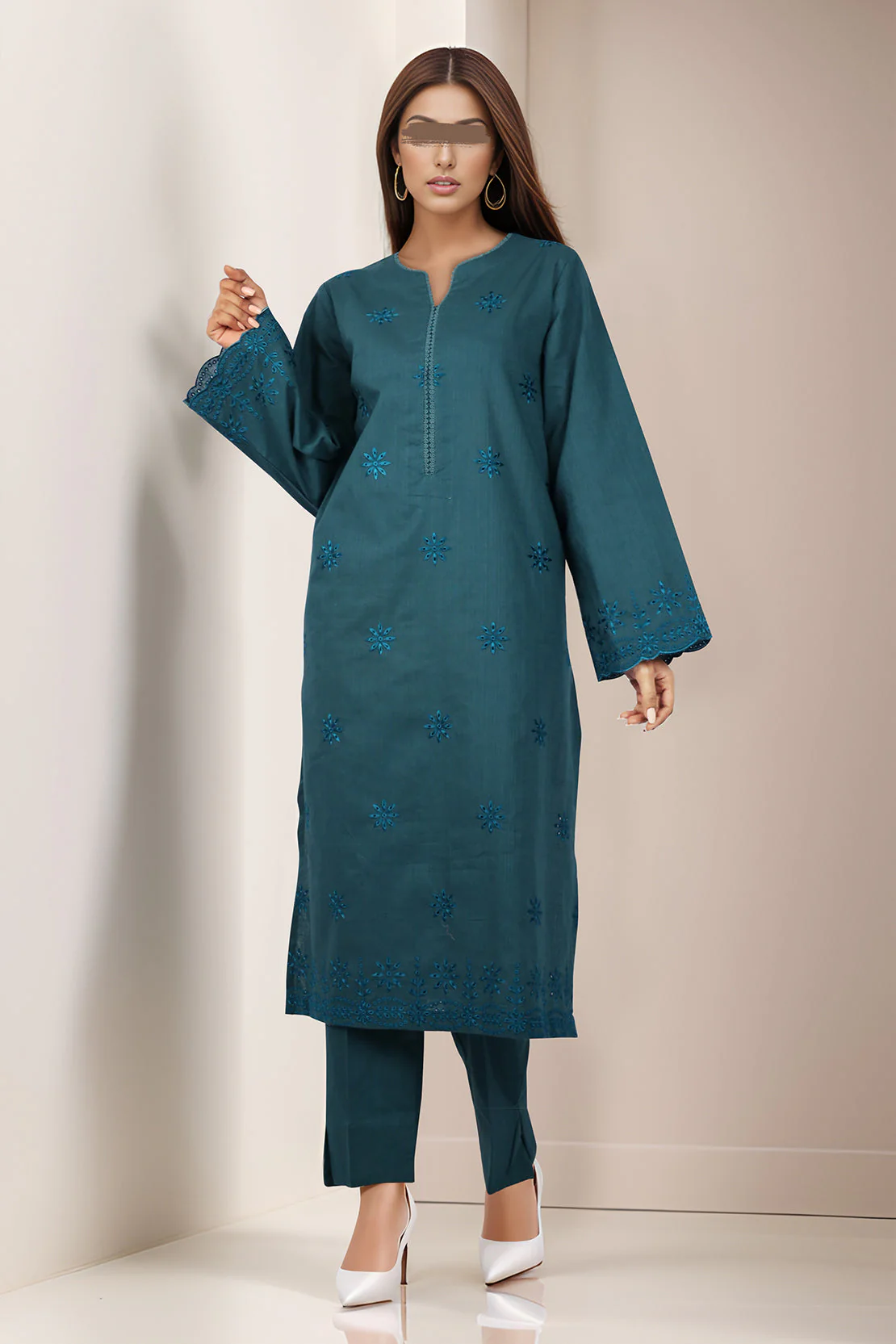Solid Embroidered Cross Hatch Stitched 2 Piece (Shirt/Trouser) - Image 3