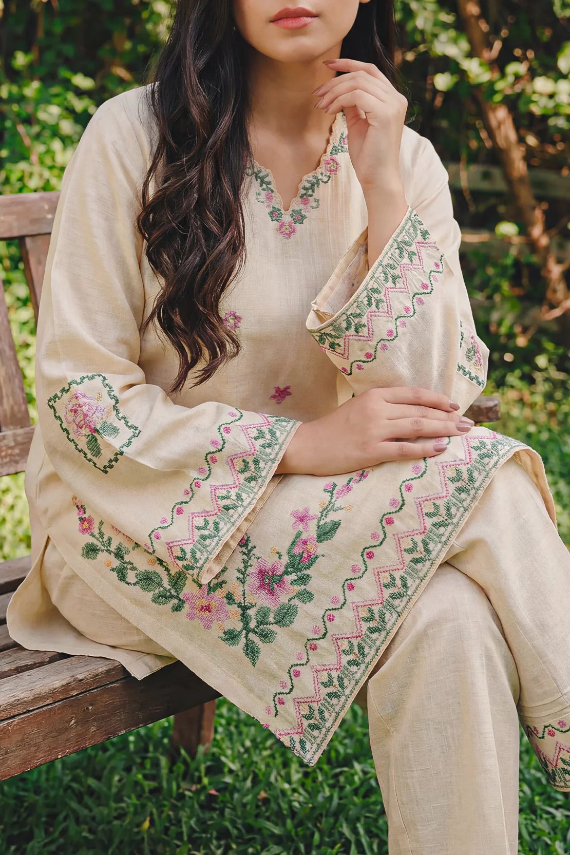 Solid Embroidered Cross Hatch Stitched 2 Piece (Shirt/Trouser) - Image 3