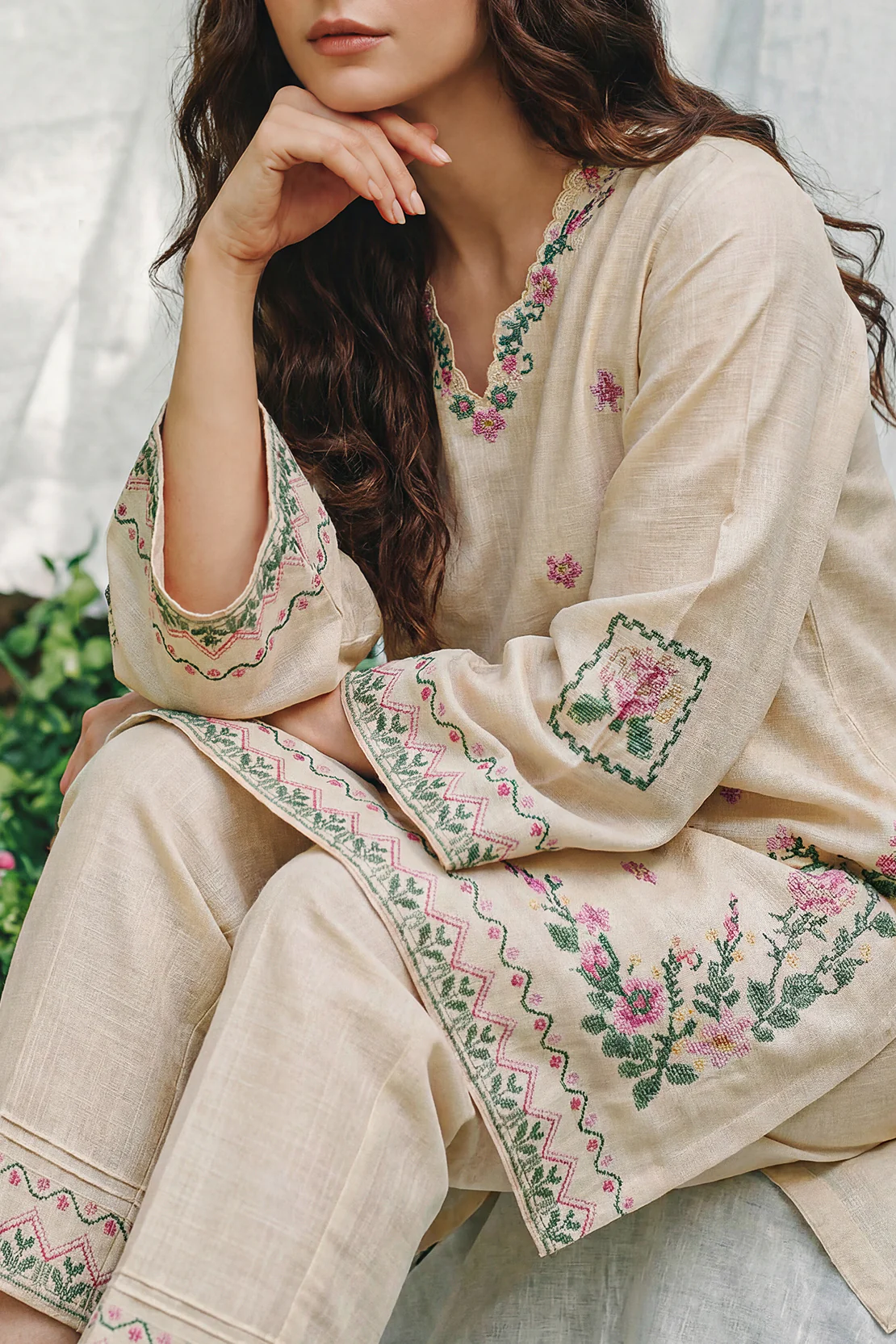 Solid Embroidered Cross Hatch Stitched 2 Piece (Shirt/Trouser) - Image 4