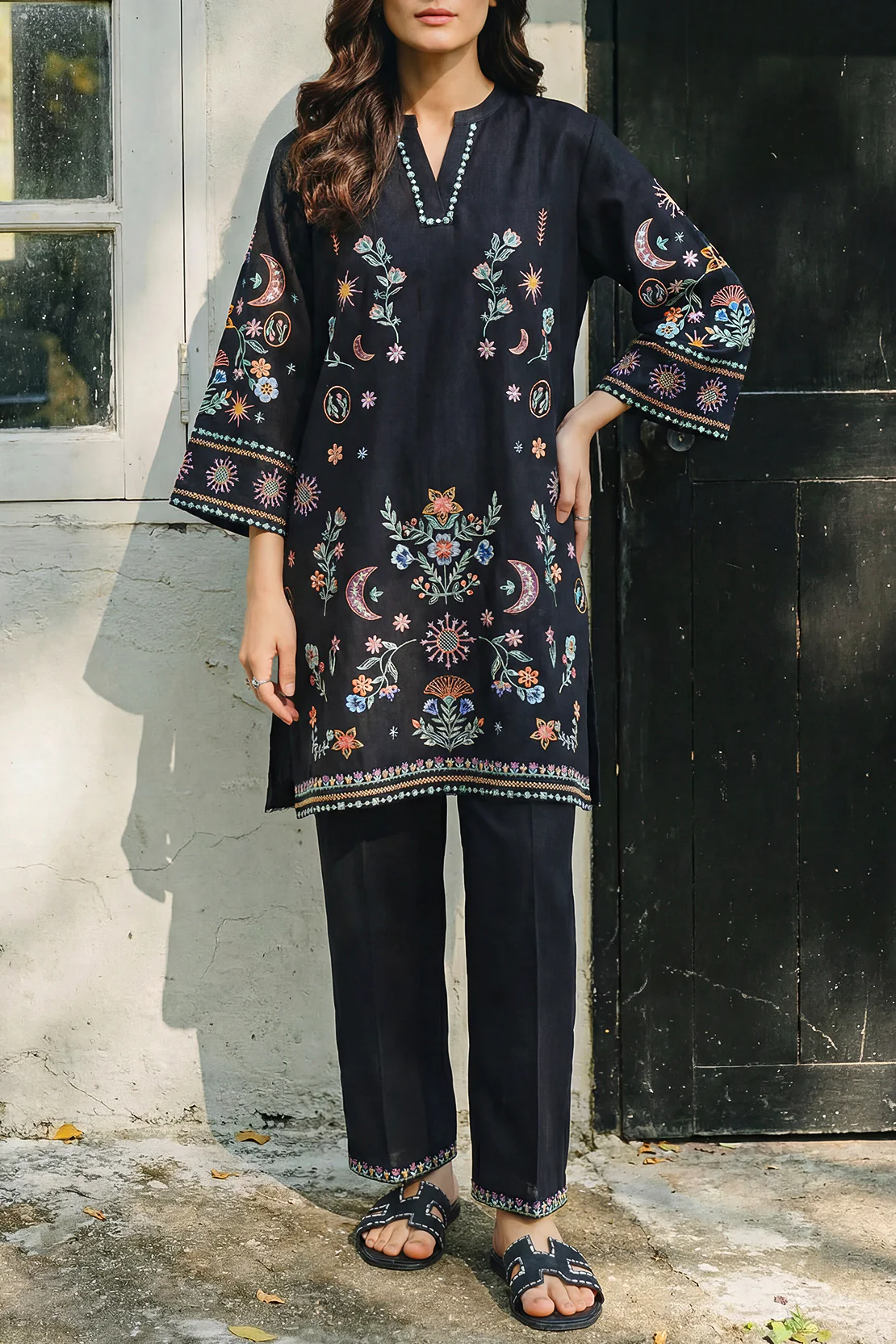 Solid Embroidered Cross Hatch Stitched 2 Piece (Shirt/Trouser)
