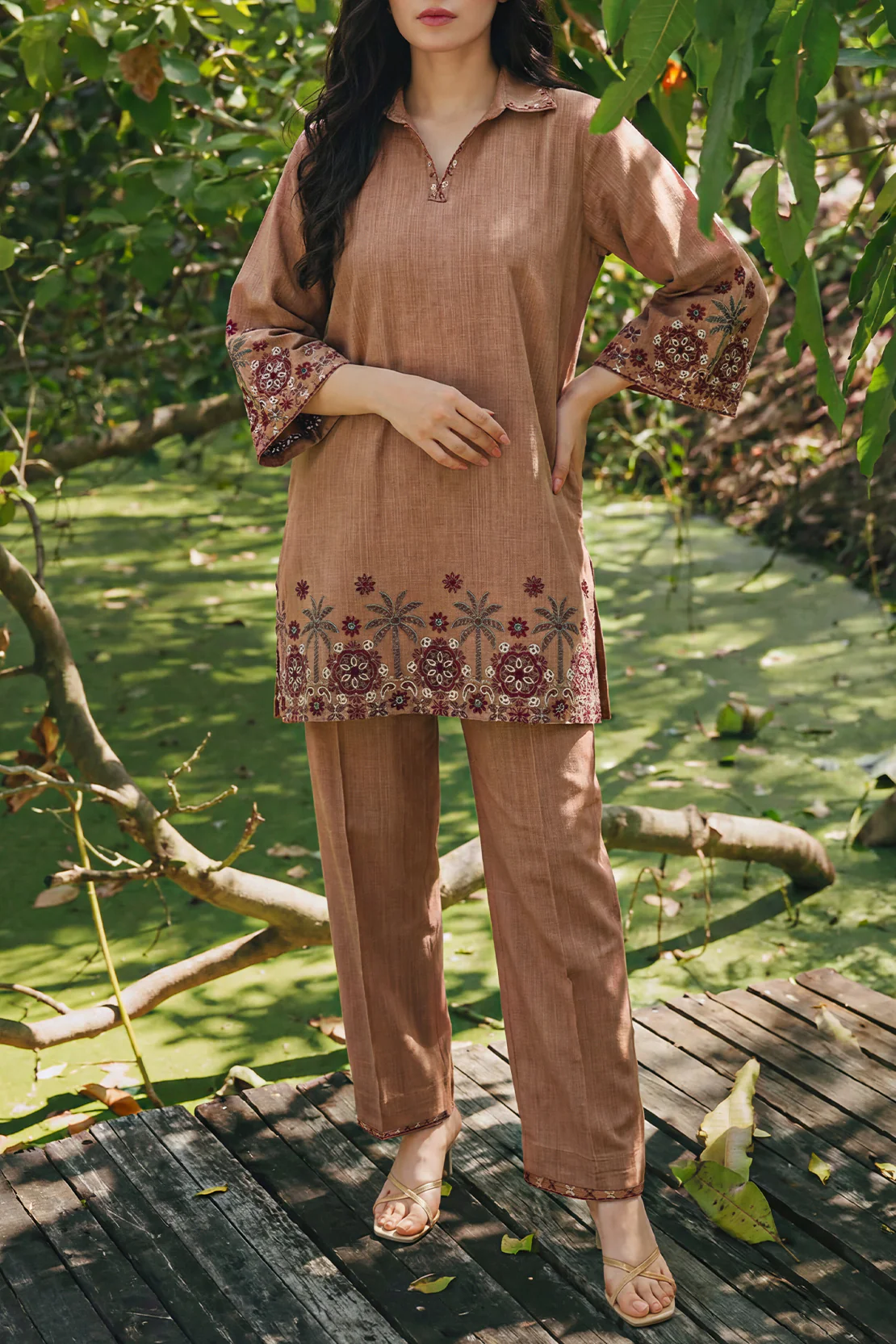 Solid Embroidered Cross Hatch Stitched 2 Piece (Shirt/Trouser)