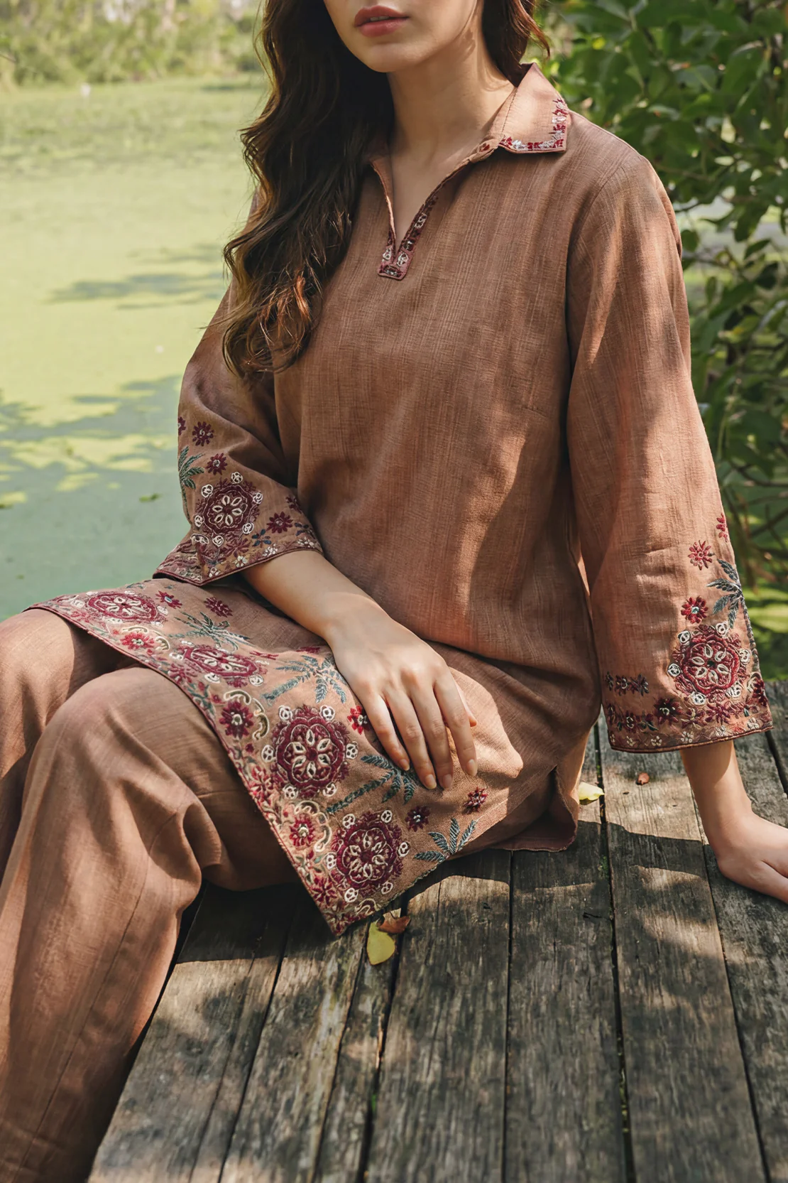 Solid Embroidered Cross Hatch Stitched 2 Piece (Shirt/Trouser) - Image 2