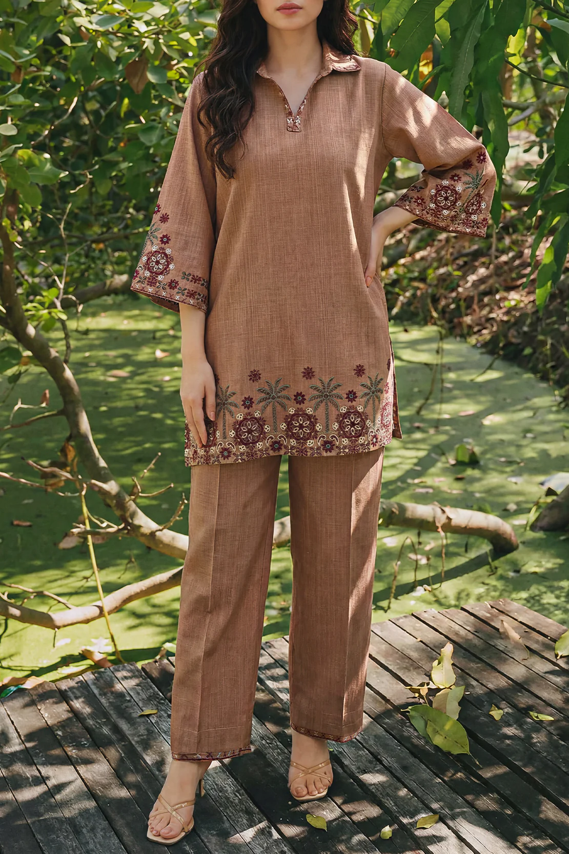 Solid Embroidered Cross Hatch Stitched 2 Piece (Shirt/Trouser) - Image 3