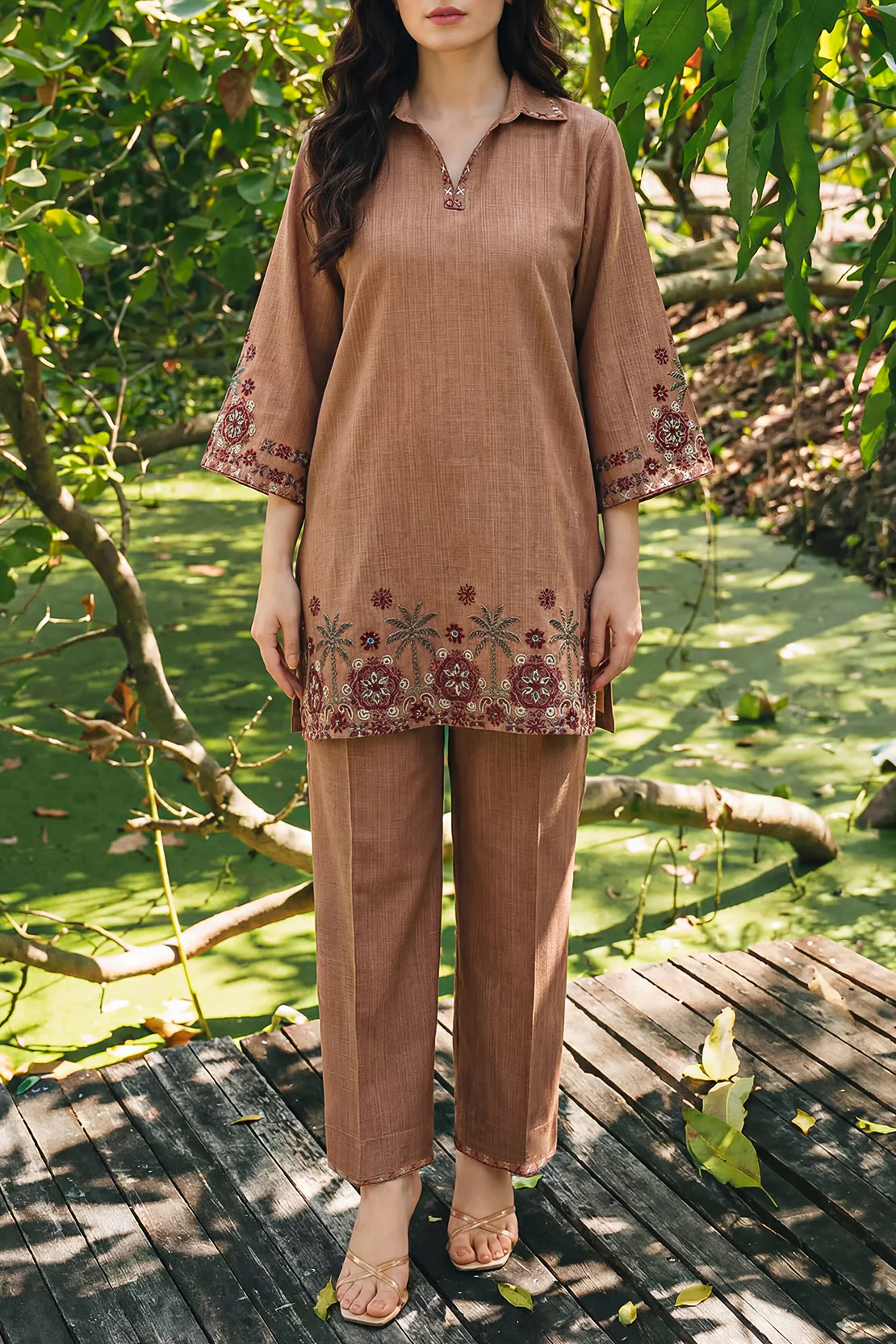 Solid Embroidered Cross Hatch Stitched 2 Piece (Shirt/Trouser) - Image 4