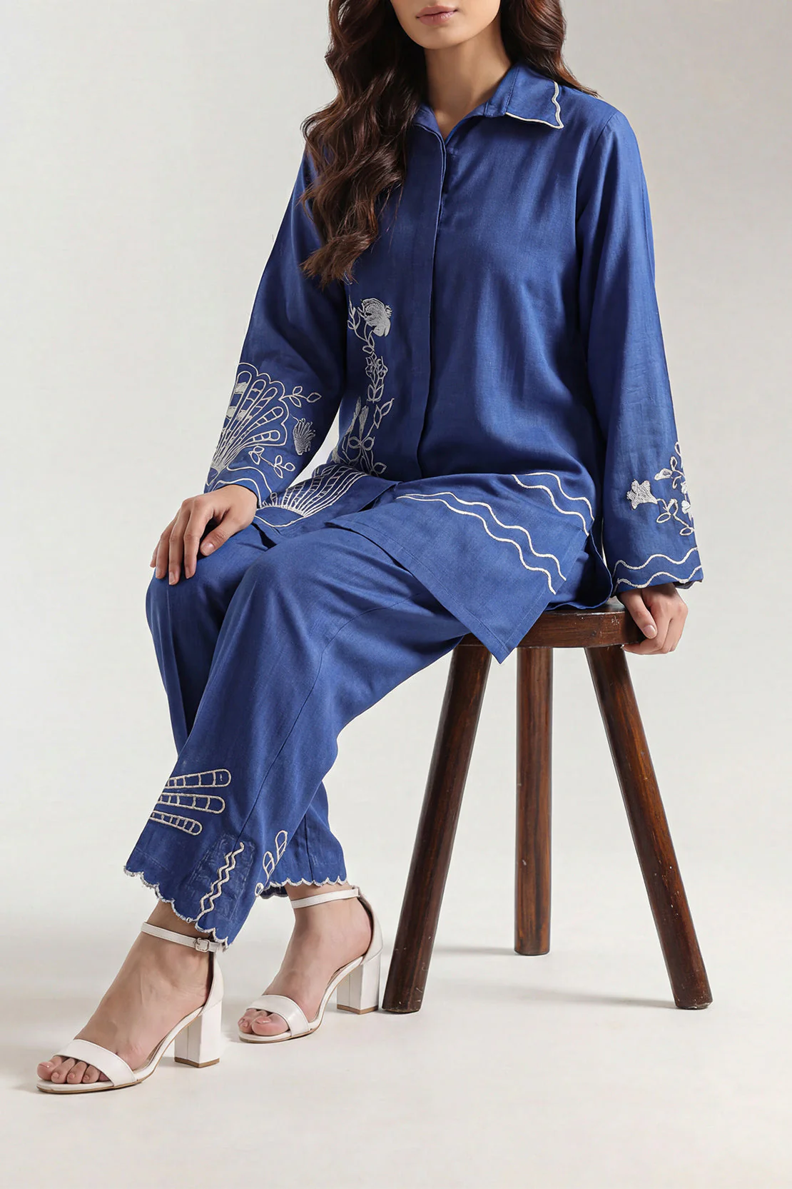 Solid Embroidered Cross Hatch Stitched 2 Piece (Shirt/Trouser)