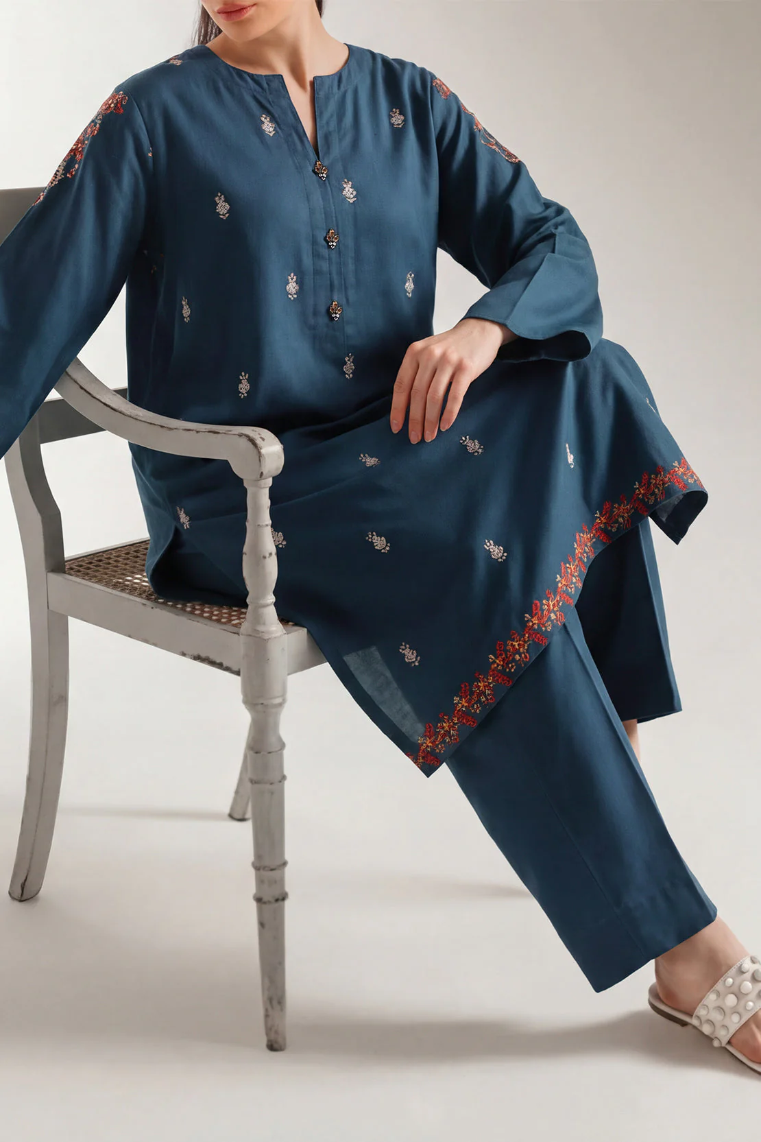 Solid Embroidered Dobby Crepe Stitched 2 Piece (Shirt/Trouser)