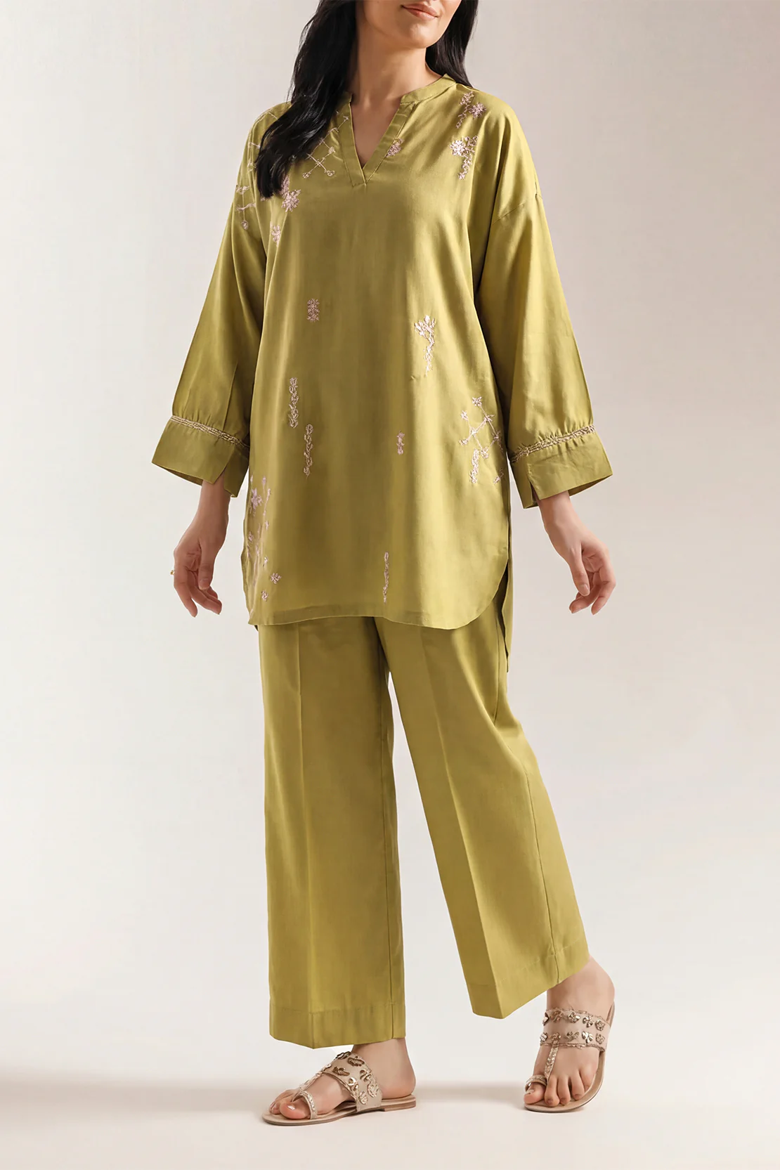Solid Embroidered Dobby Crepe Stitched 2 Piece (Shirt/Trouser)