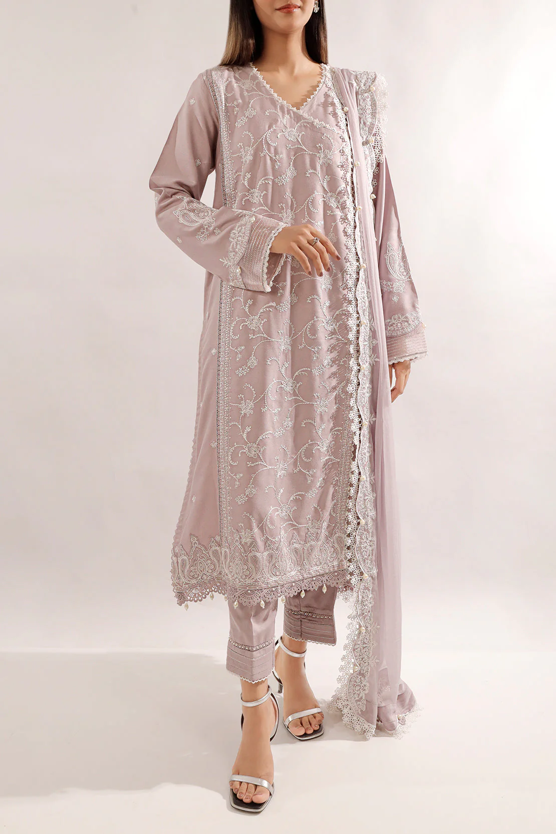 Solid Embroidered Dobby Crepe Unstitched 2 Piece (Shirt/Trouser) - Image 3