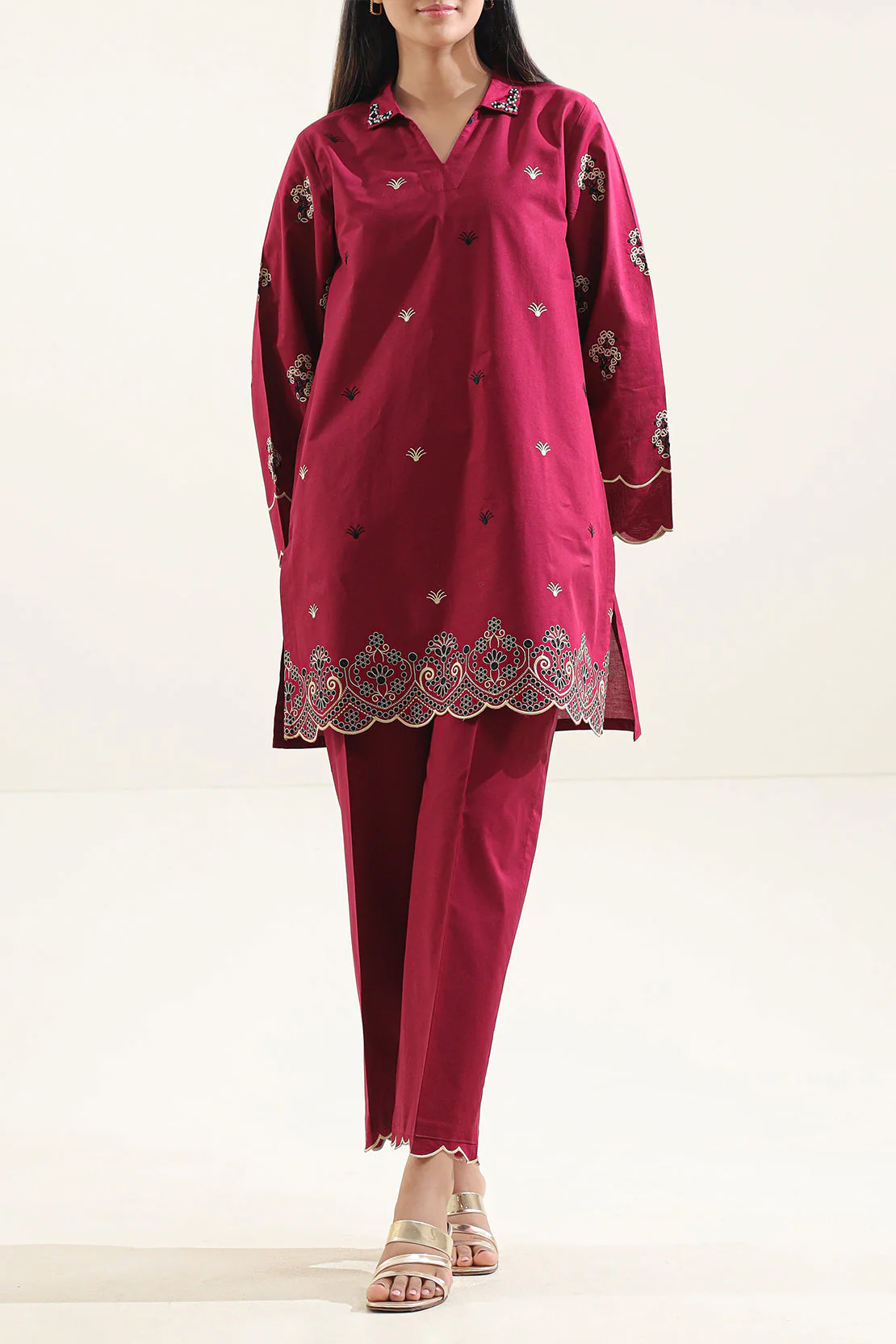 Solid Embroidered Jacquard Cotton Stitched Shirt - Image 2