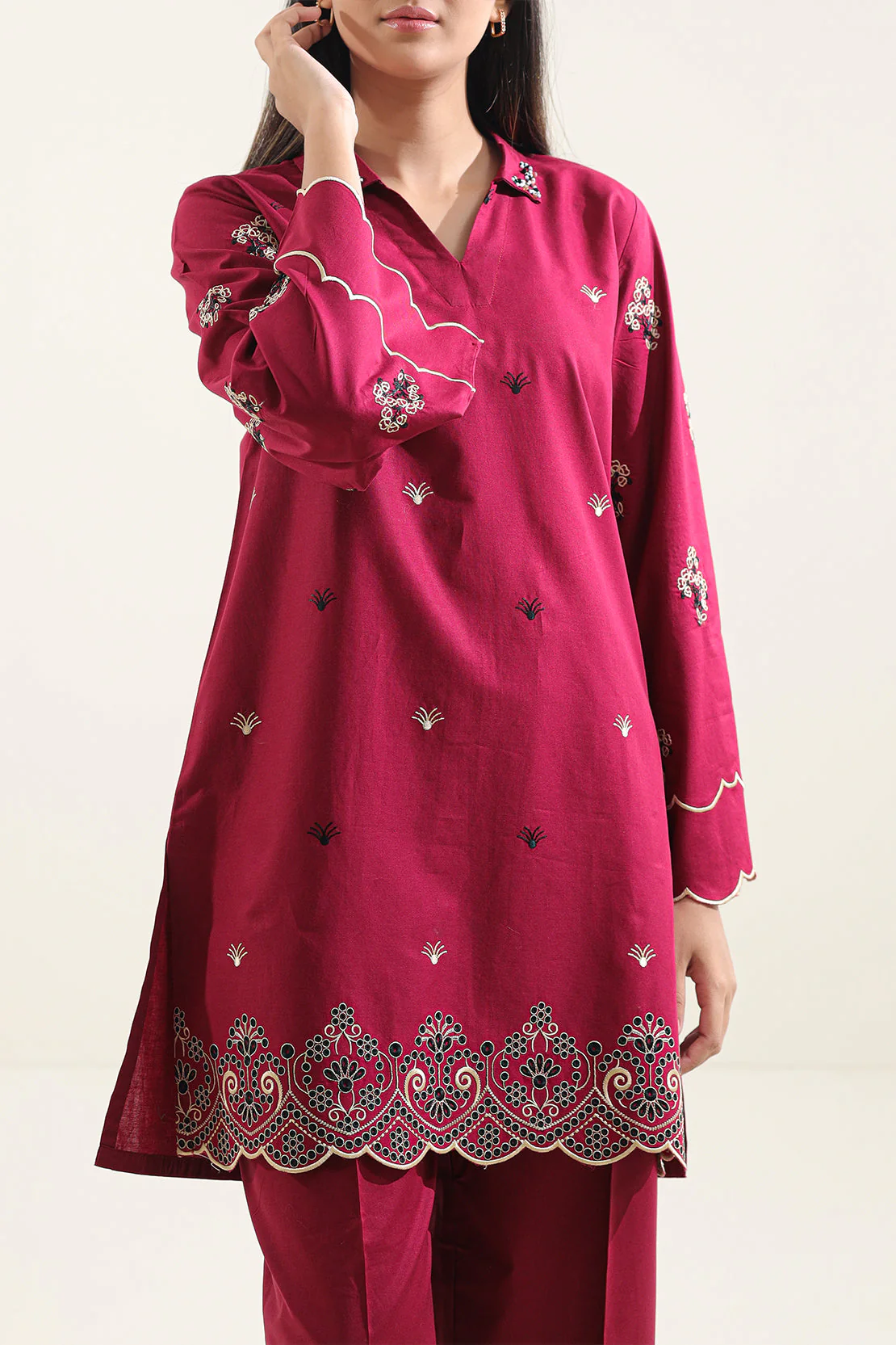 Solid Embroidered Jacquard Cotton Stitched Shirt - Image 4