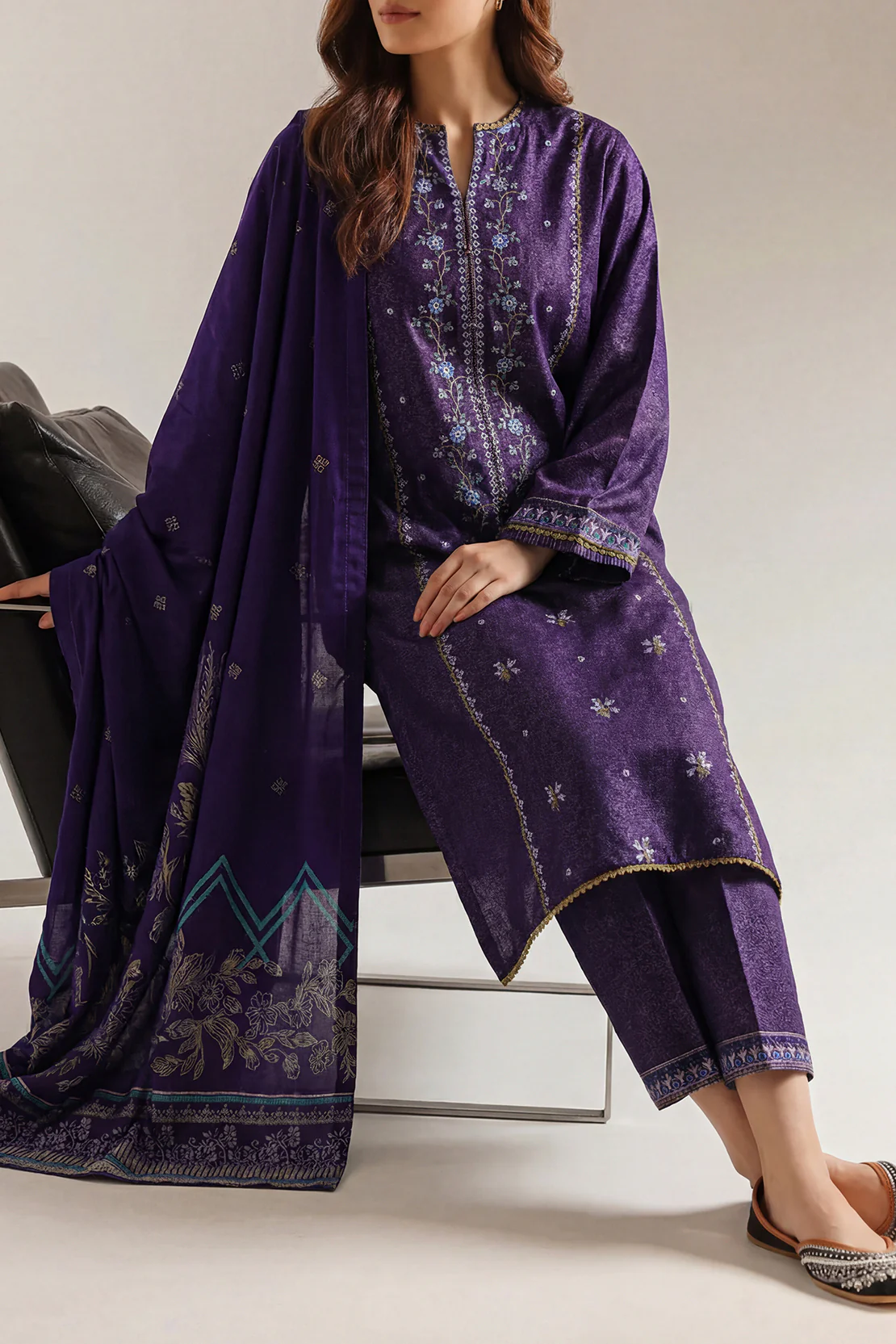 Solid Embroidered Karandi Stitched 2 Piece (Shirt/Trouser)