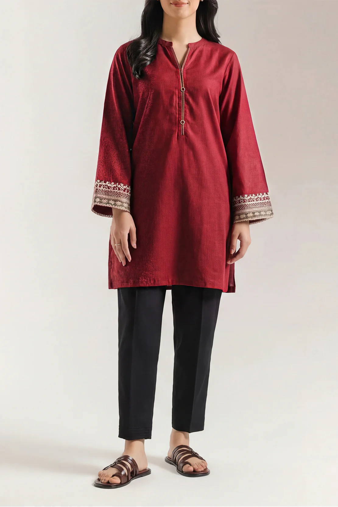 Solid Embroidered Karandi Stitched Shirt - Image 2