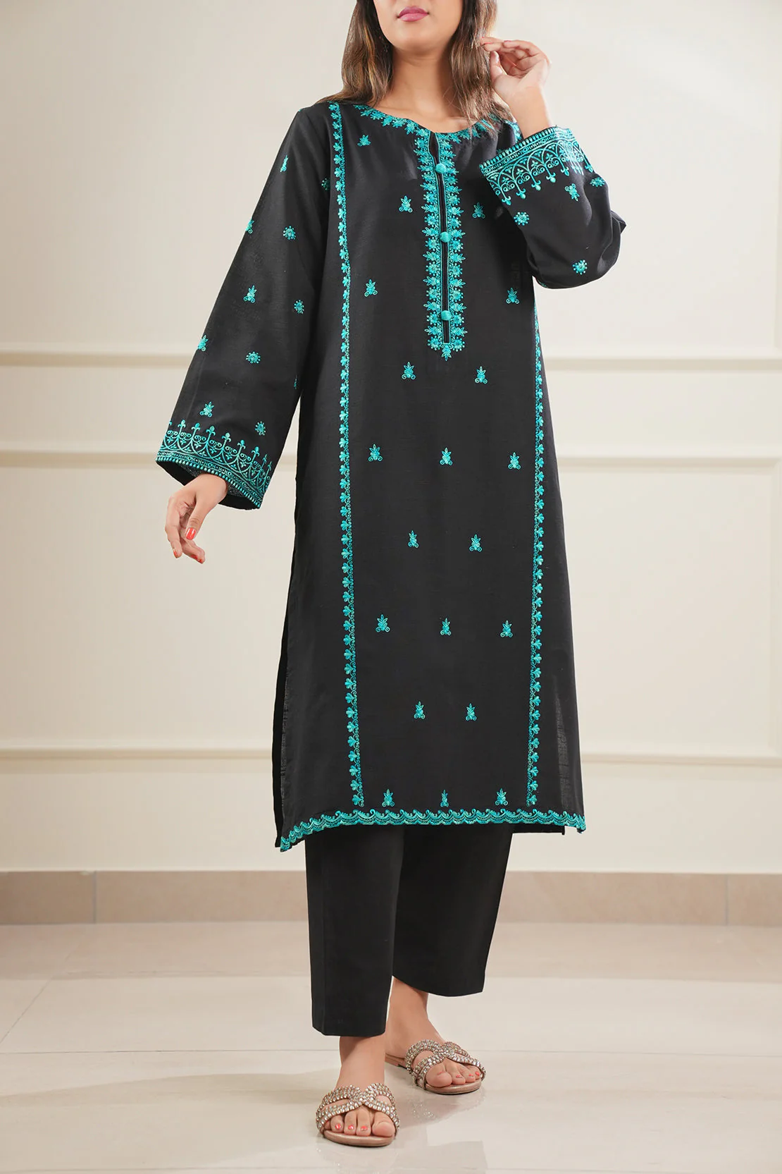 Solid + Embroidered Khaddar Stitched 2 Piece (Shirt/Trouser) - Image 2