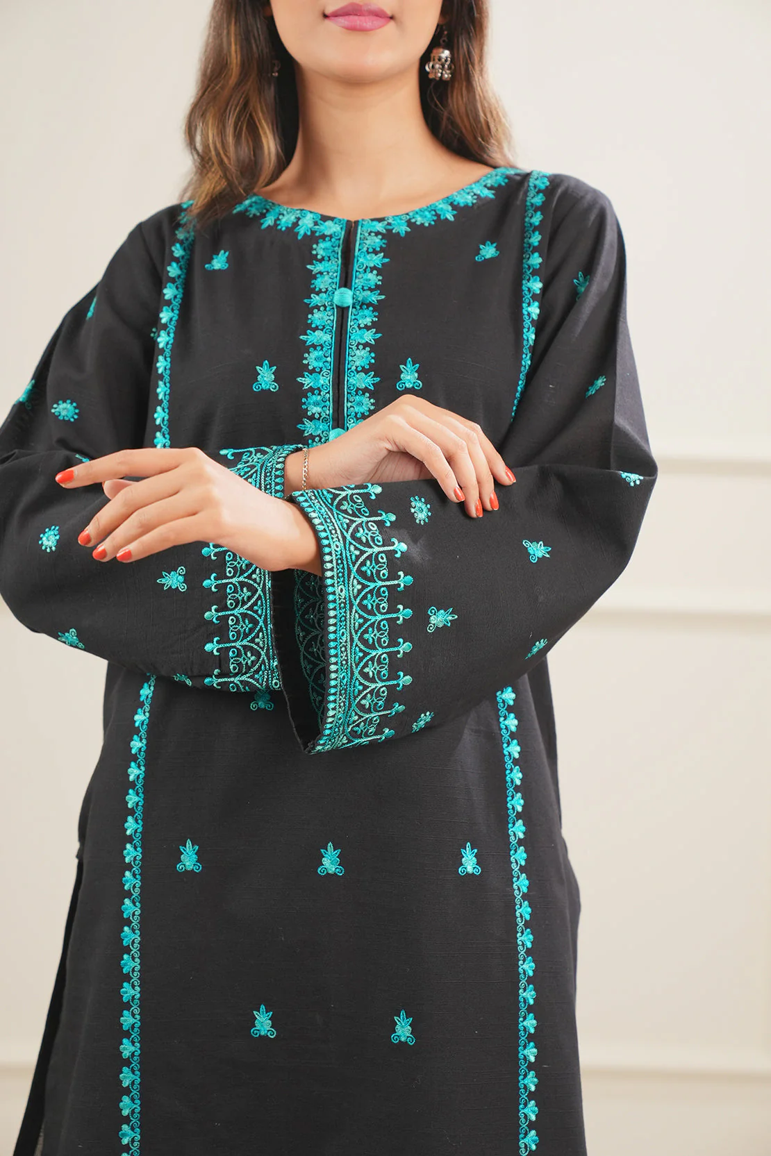 Solid + Embroidered Khaddar Stitched 2 Piece (Shirt/Trouser) - Image 3