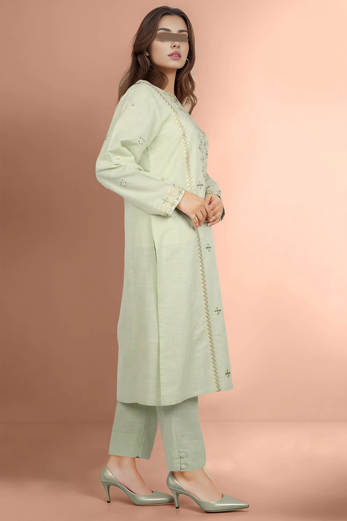 Solid + Embroidered Khaddar Stitched 2 Piece (Shirt/Trouser) - Image 3