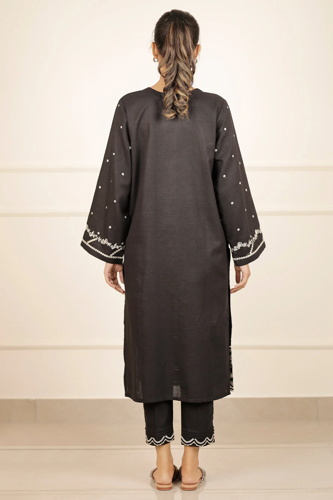Solid + Embroidered Khaddar Stitched 2 Piece (Shirt/Trouser) - Image 2
