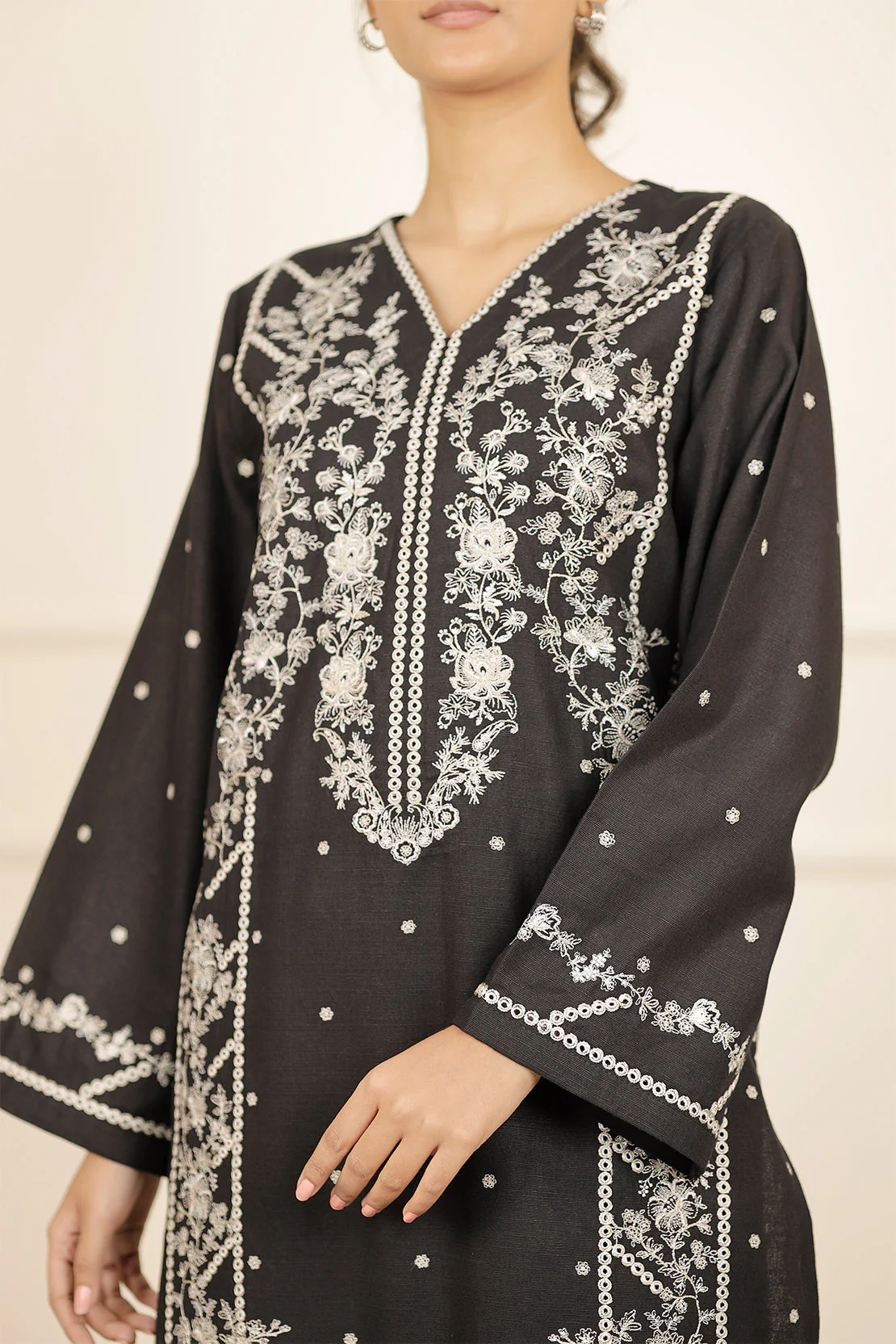 Solid + Embroidered Khaddar Stitched 2 Piece (Shirt/Trouser) - Image 3