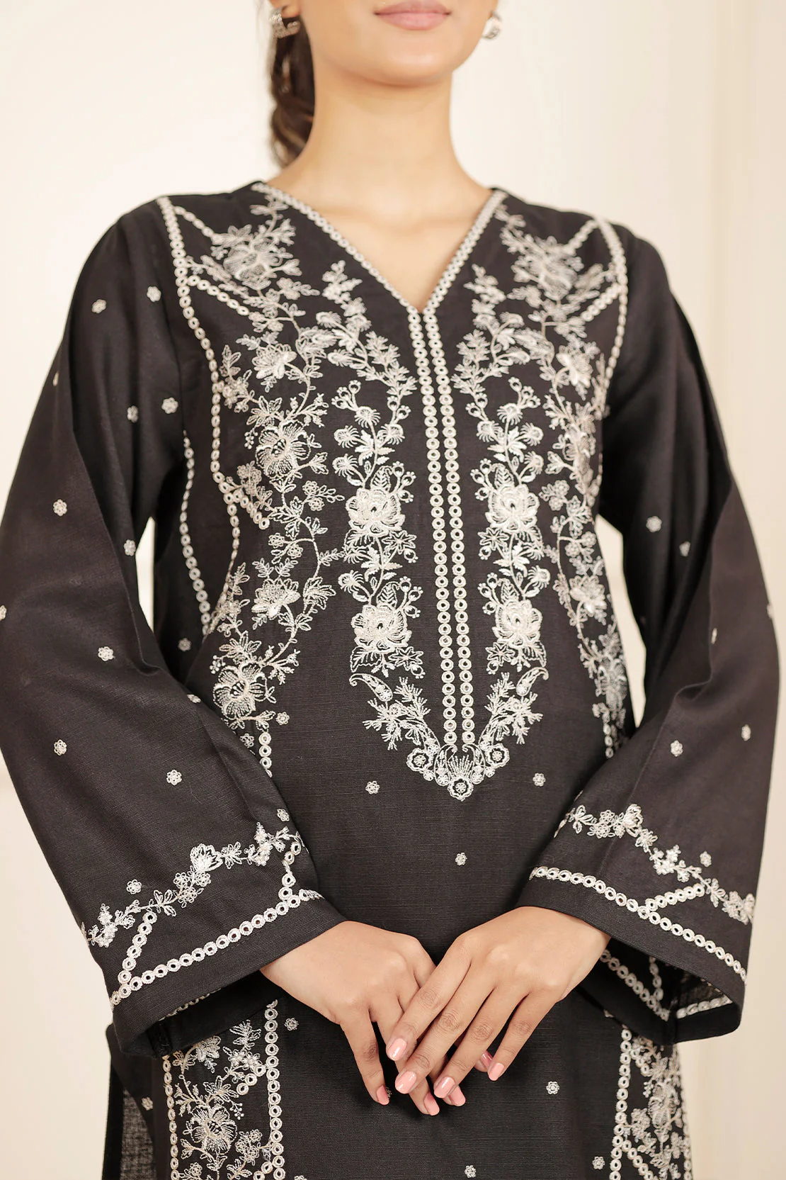 Solid + Embroidered Khaddar Stitched 2 Piece (Shirt/Trouser) - Image 4