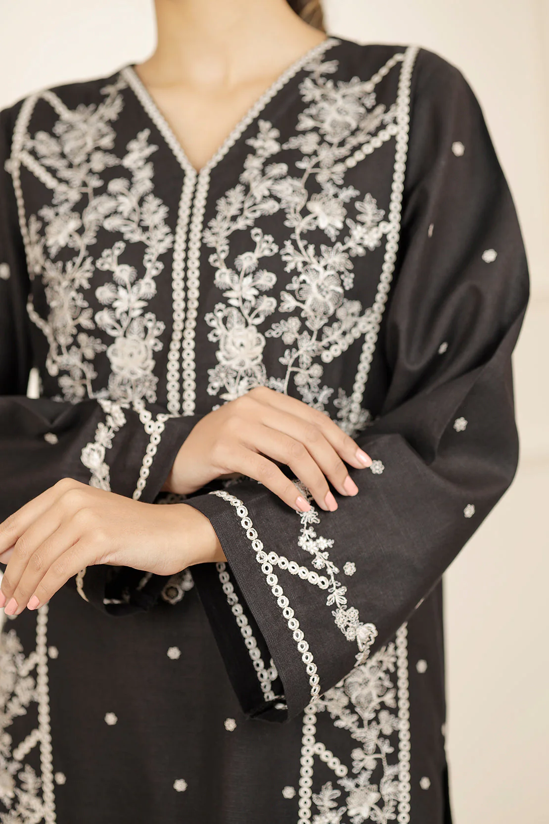 Solid + Embroidered Khaddar Stitched 2 Piece (Shirt/Trouser) - Image 5