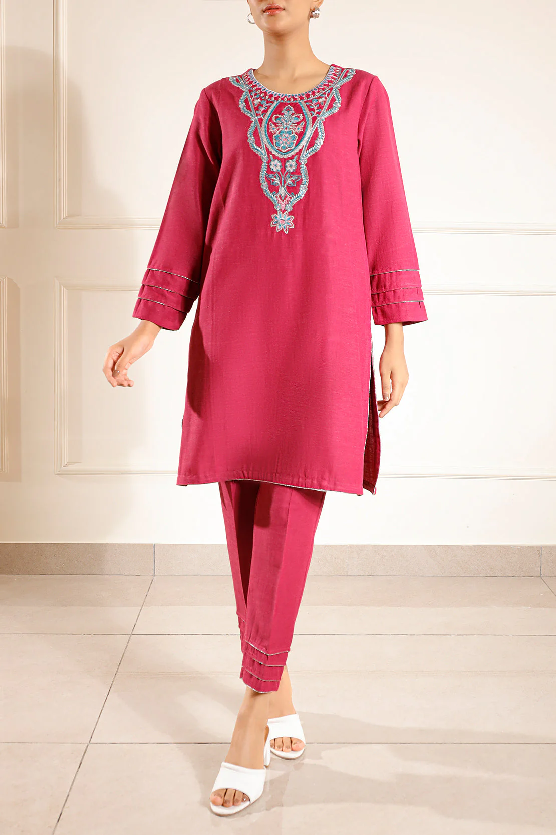Solid Embroidered Khaddar Stitched 2 Piece (Shirt/Trouser) - Image 4
