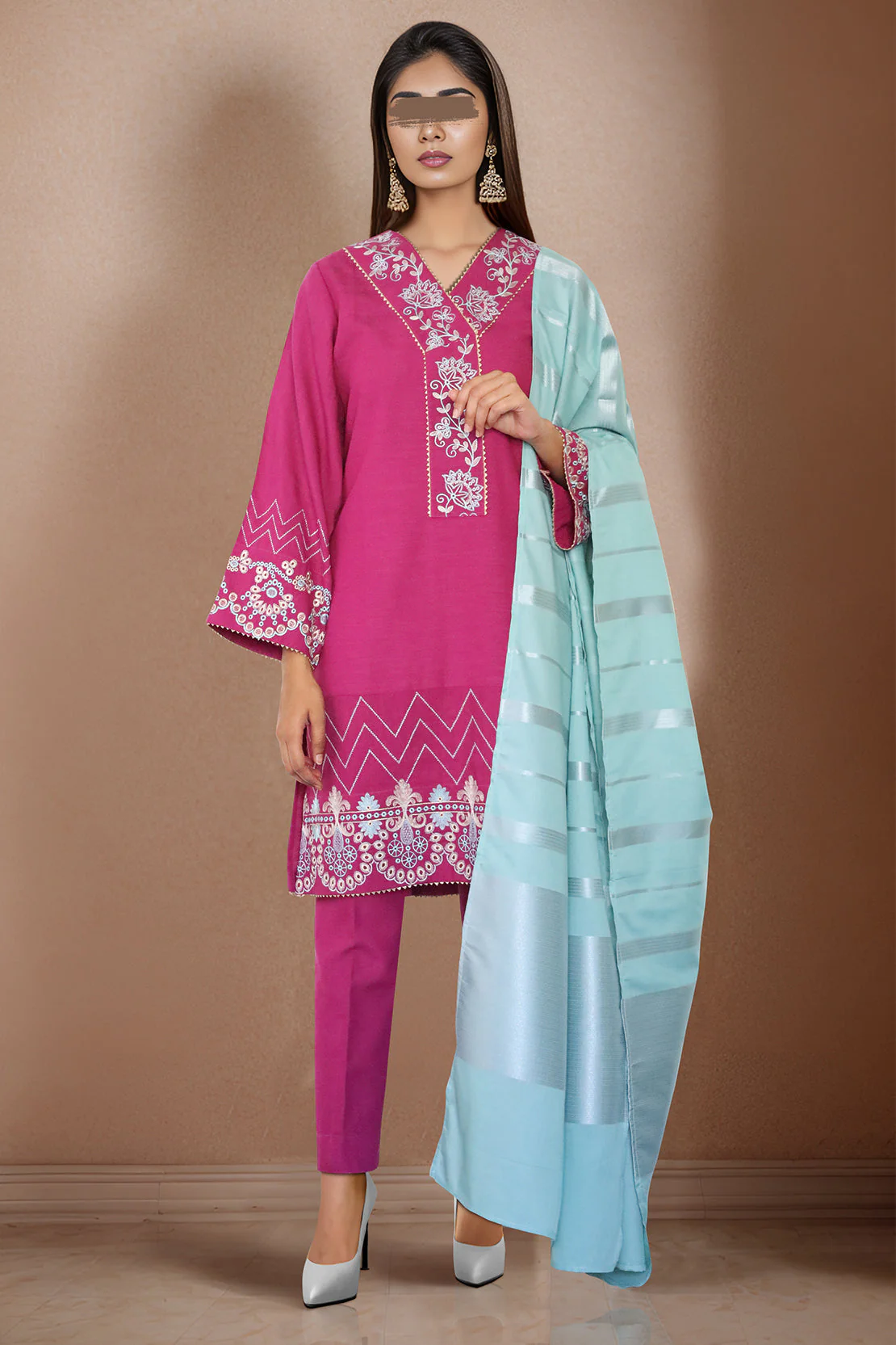 Solid Embroidered Khaddar Stitched 3 Piece