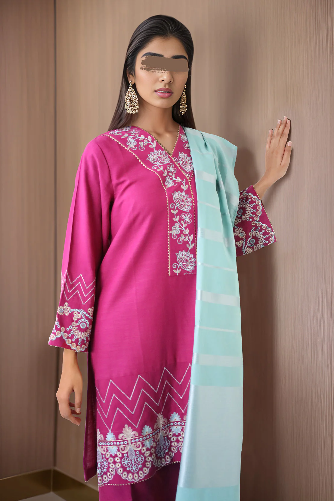 Solid Embroidered Khaddar Stitched 3 Piece - Image 2