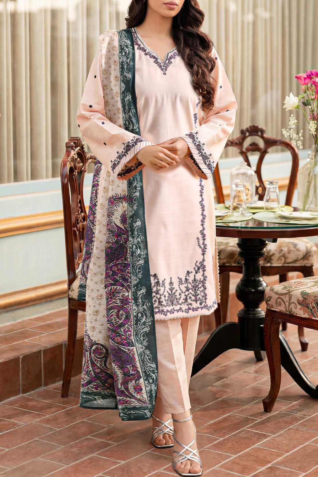 Solid Embroidered Khaddar Stitched 3 Piece - Image 3