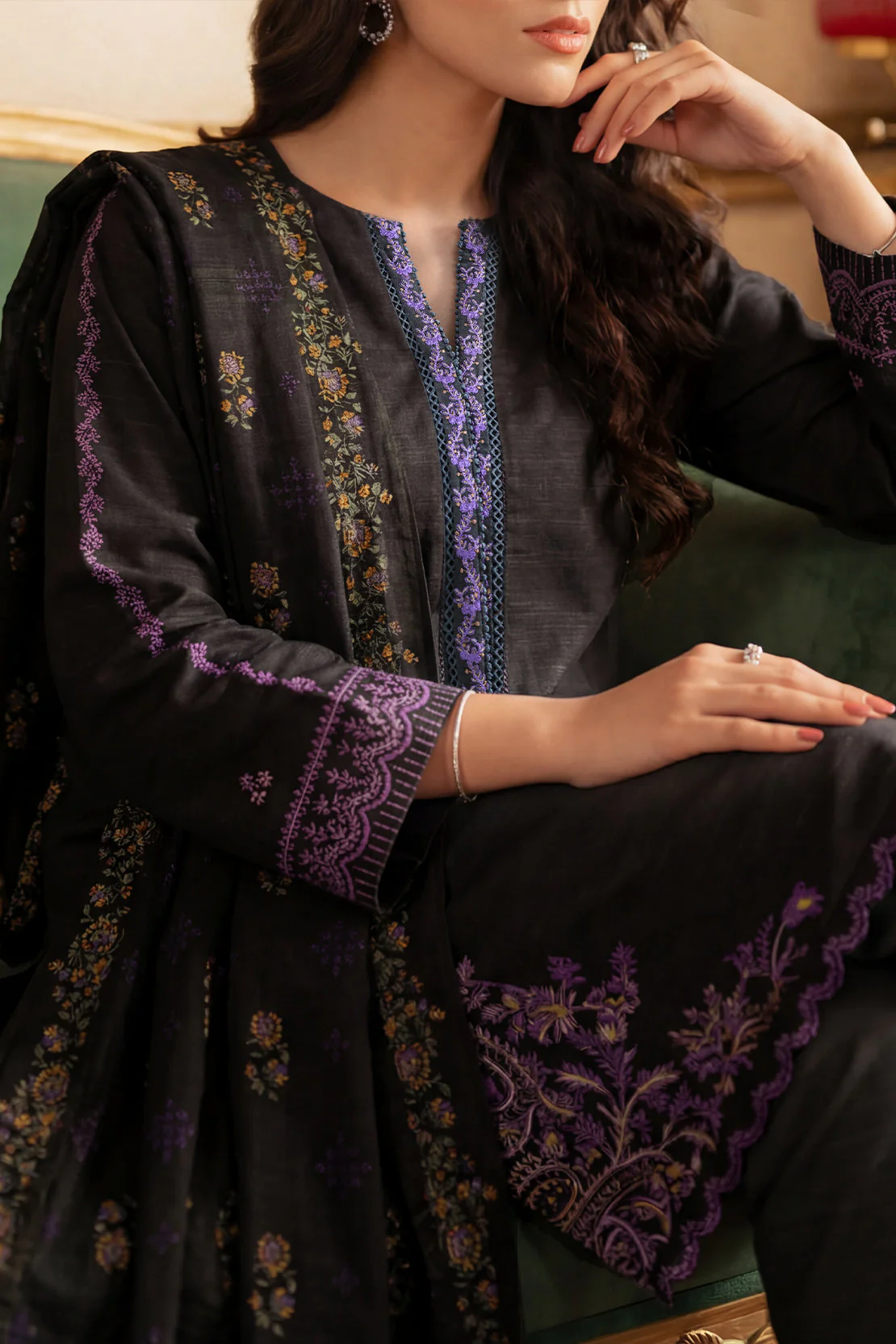 Solid Embroidered Khaddar Stitched 3 Piece - Image 5