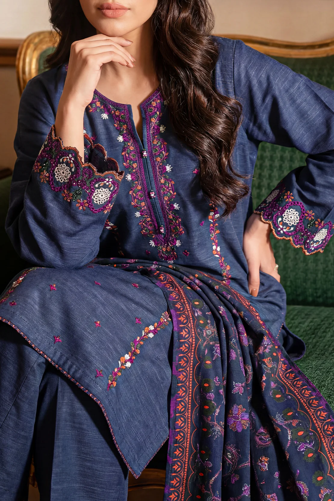 Solid Embroidered Khaddar Stitched 3 Piece - Image 2