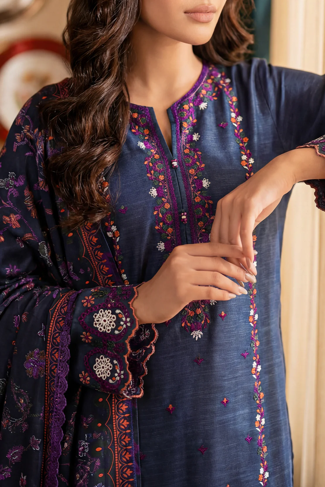 Solid Embroidered Khaddar Stitched 3 Piece - Image 3