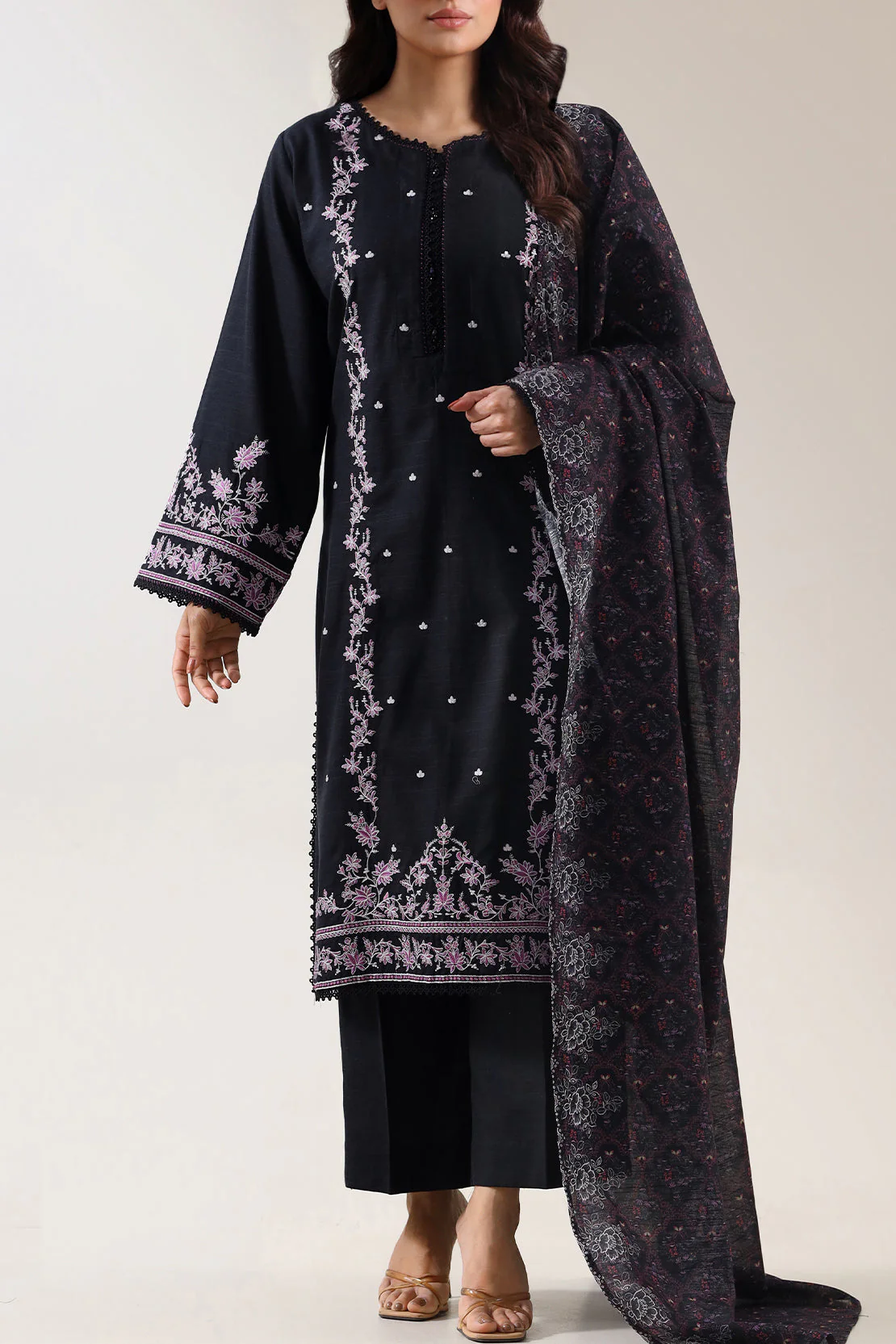 Solid Embroidered Khaddar Stitched 3 Piece