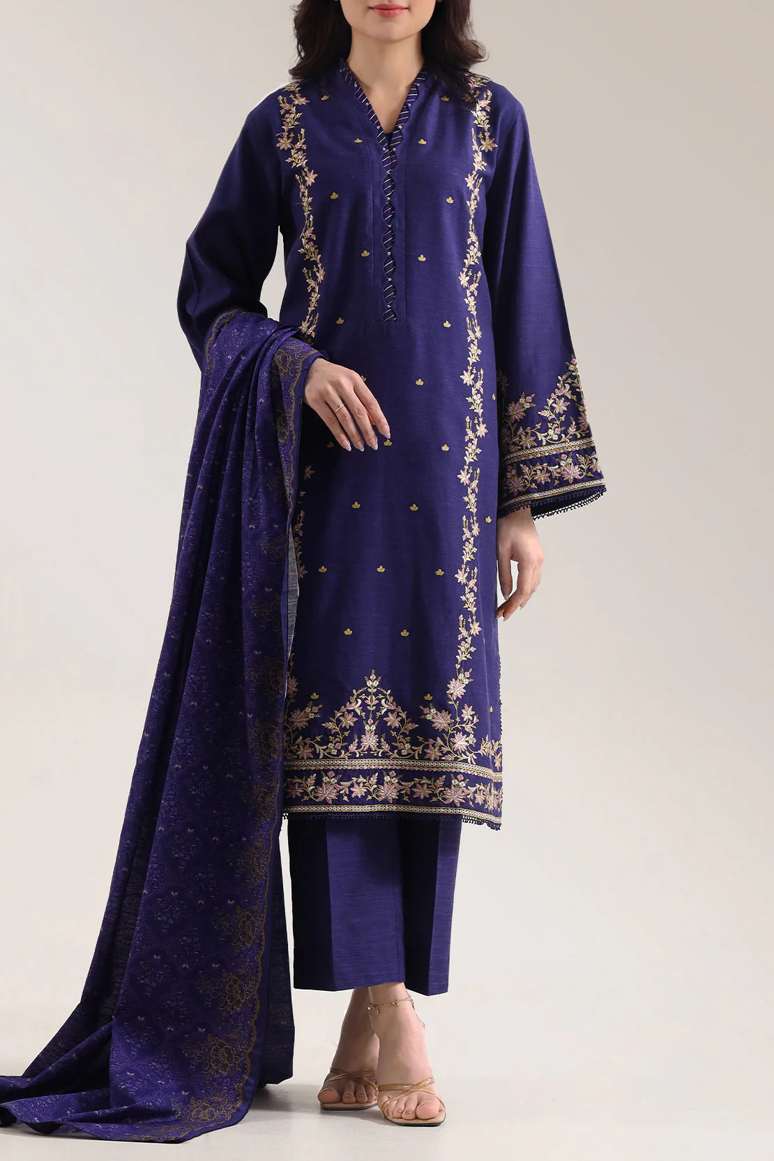 Solid Embroidered Khaddar Stitched 3 Piece